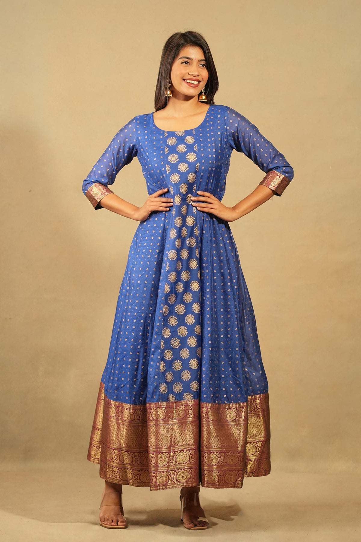 Buy Blue Brocade Print Silk Border Anarkali Dress Online Maybell Maybell Womens Fashion