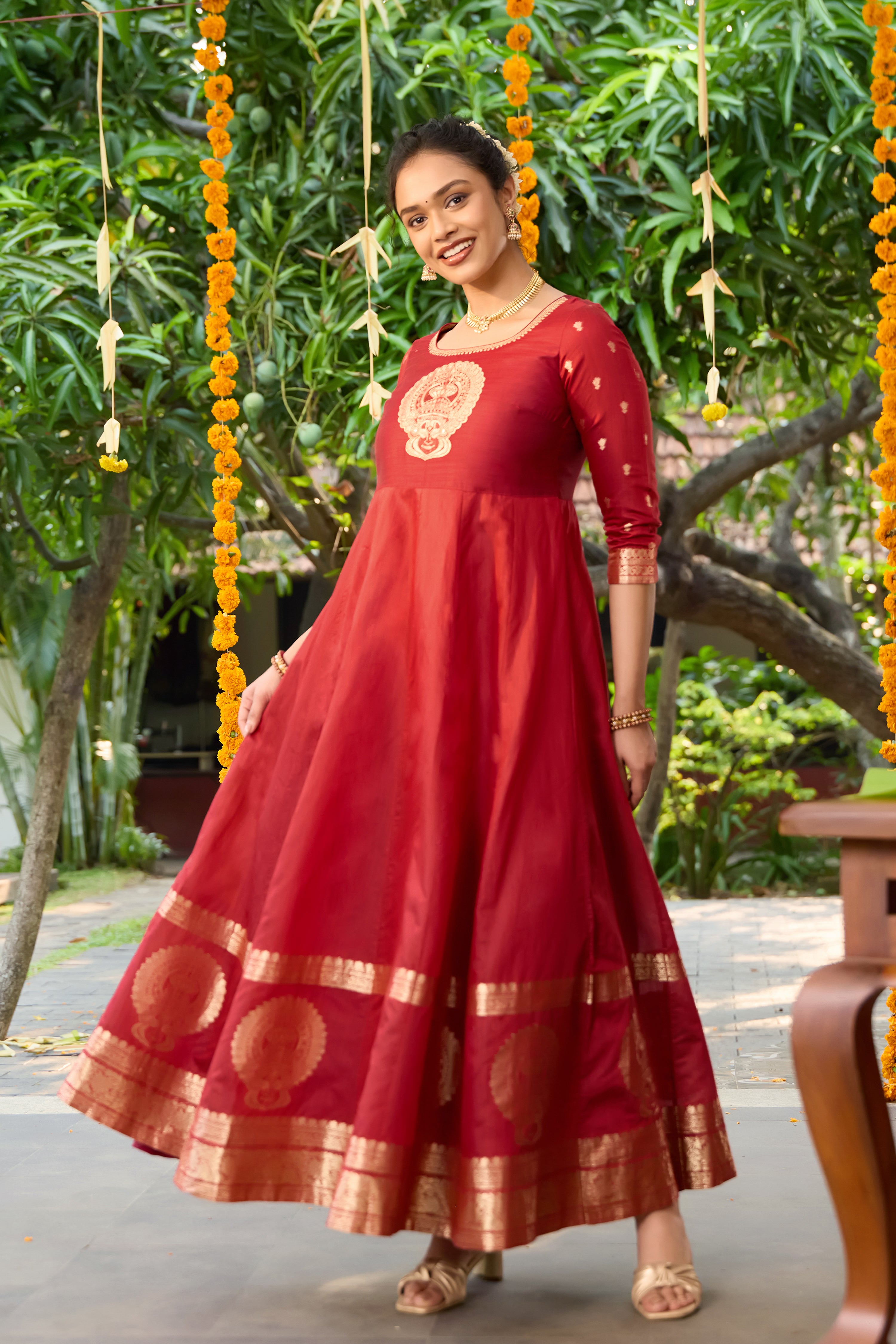 Woven Kathakali Red Anarkali with Applique Yoke