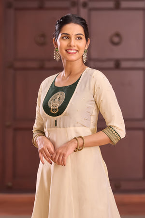 Bottle Green & Off-White Kathakali Anarkali in Viscose Shimmer