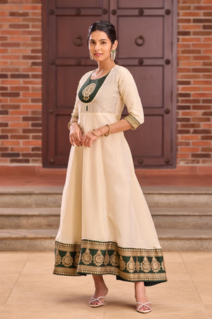 Bottle Green & Off-White Kathakali Anarkali in Viscose Shimmer