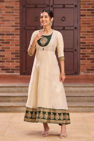 Bottle Green & Off-White Kathakali Anarkali in Viscose Shimmer