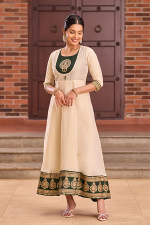 Bottle Green & Off-White Kathakali Anarkali in Viscose Shimmer