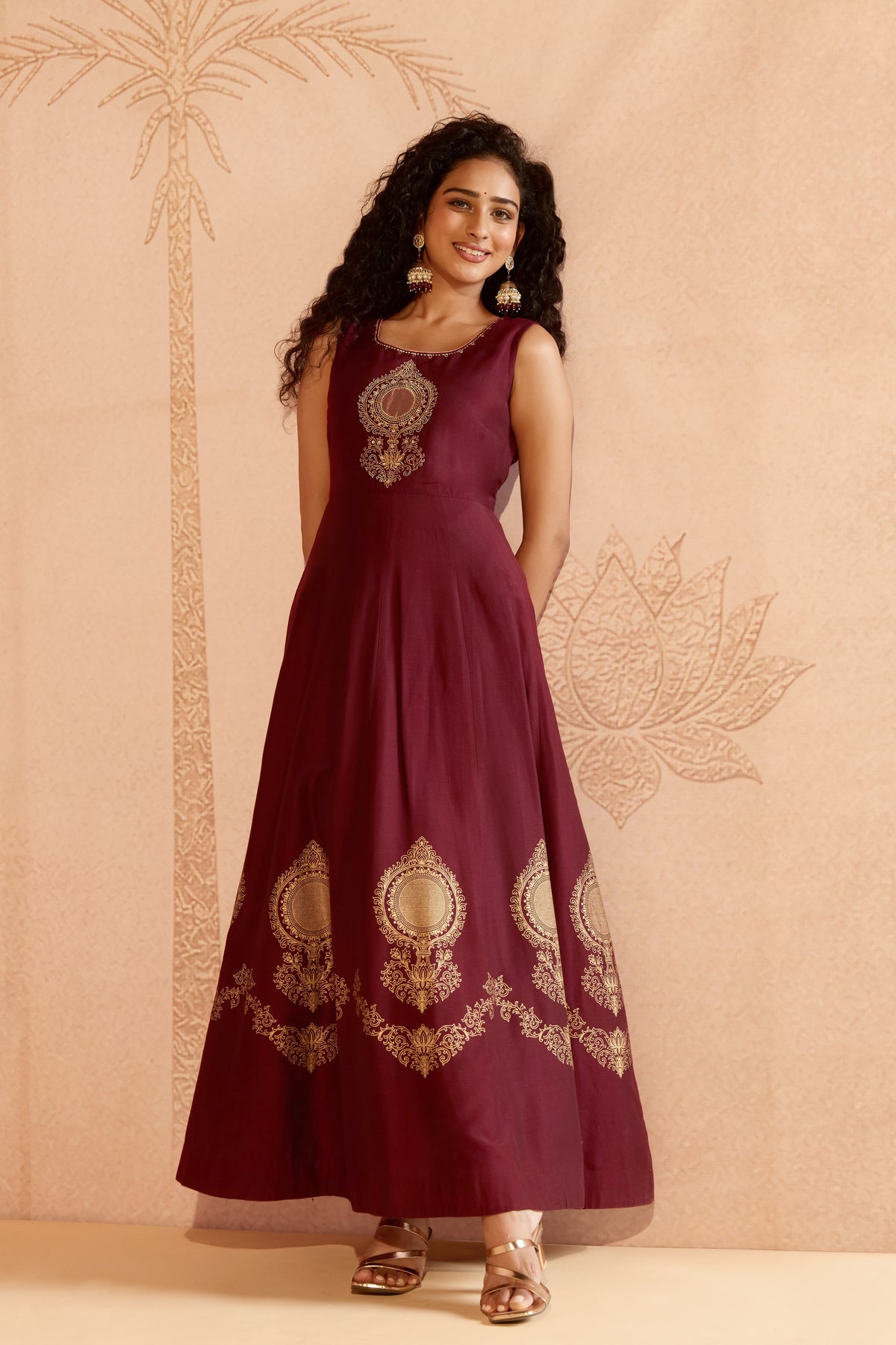 Vaalkannadi Applique Embroidered Wine Raw Silk Anarkali
