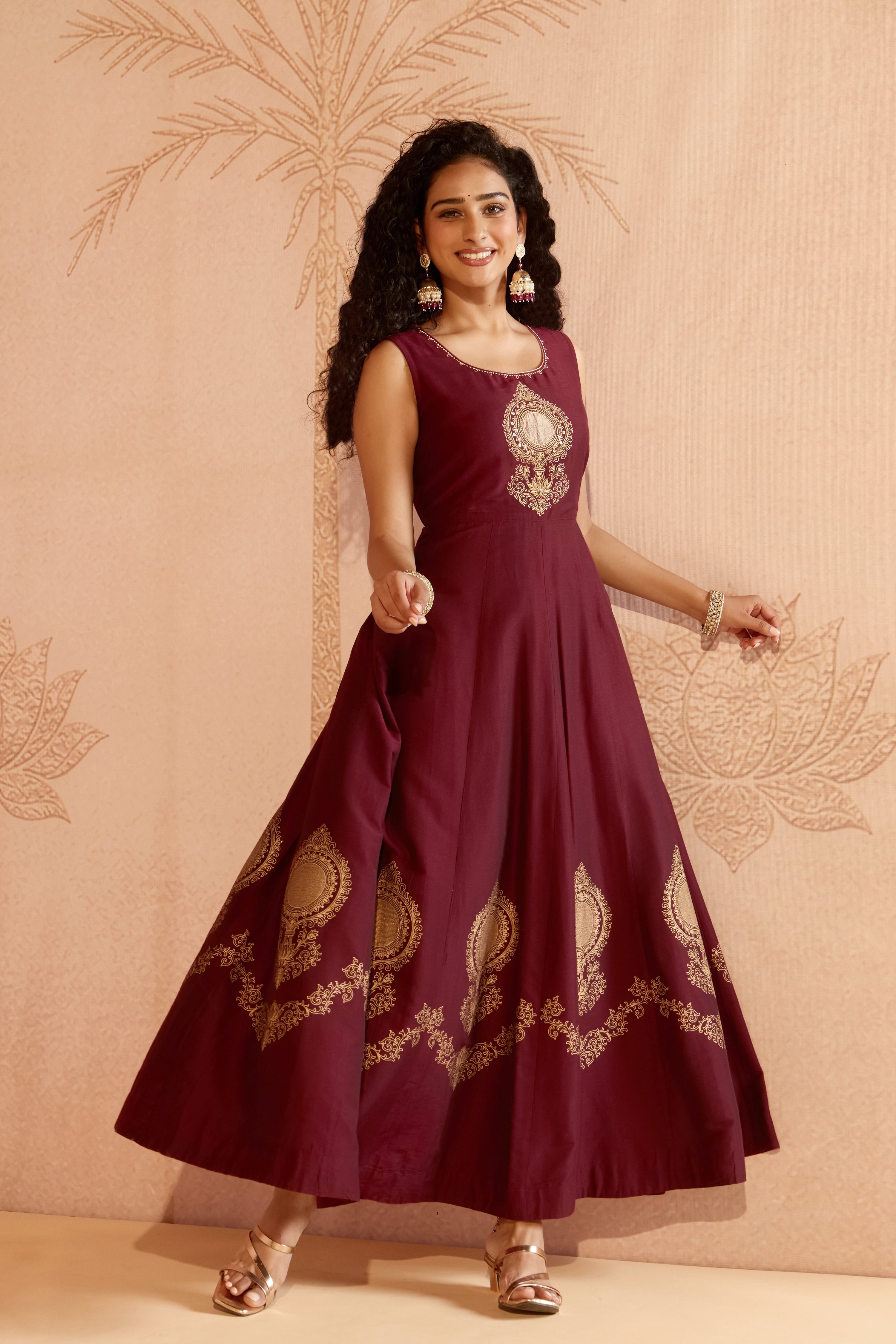 Wine Mural Embroidered Raw Silk Anarkali