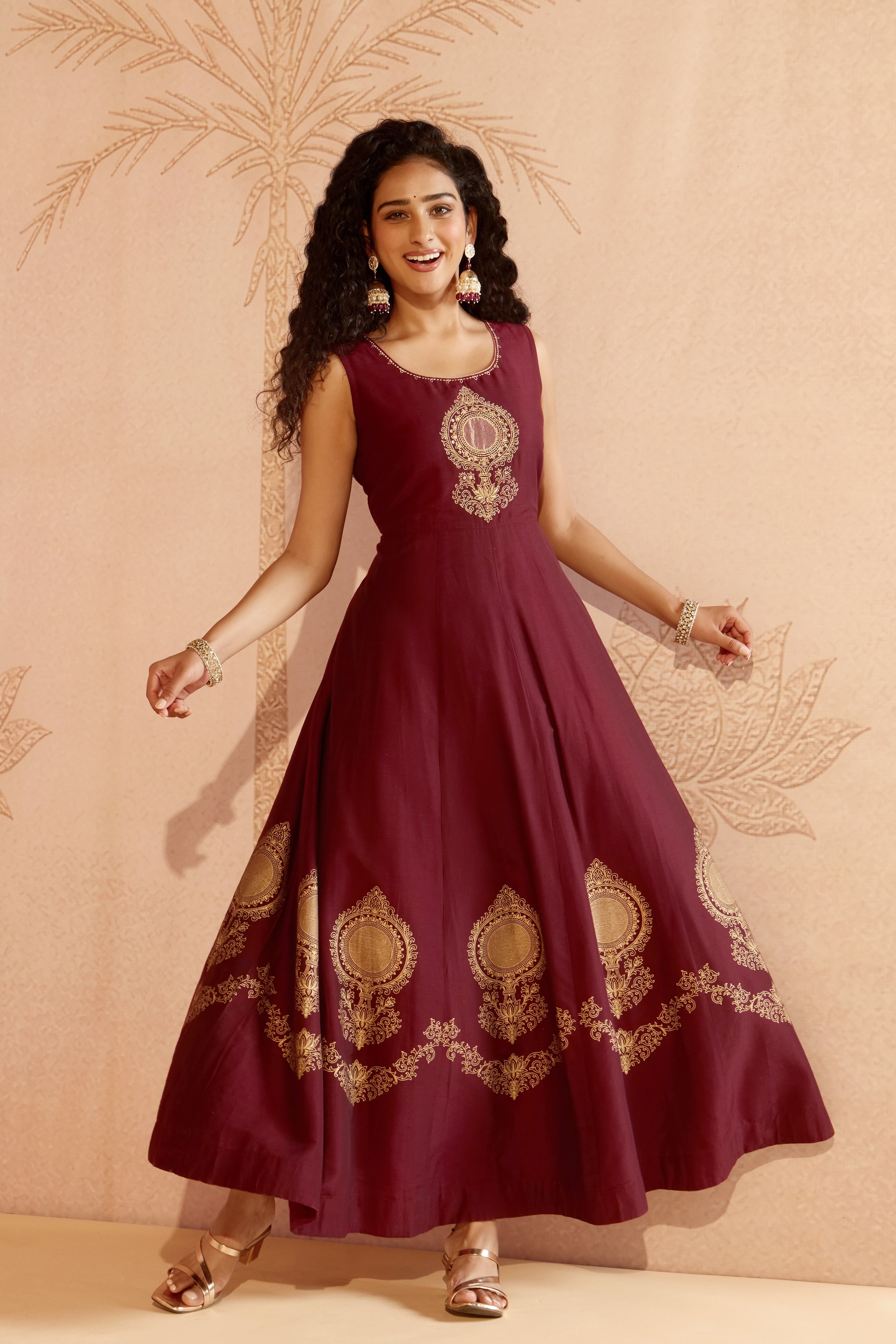 Wine Mural Embroidered Raw Silk Anarkali