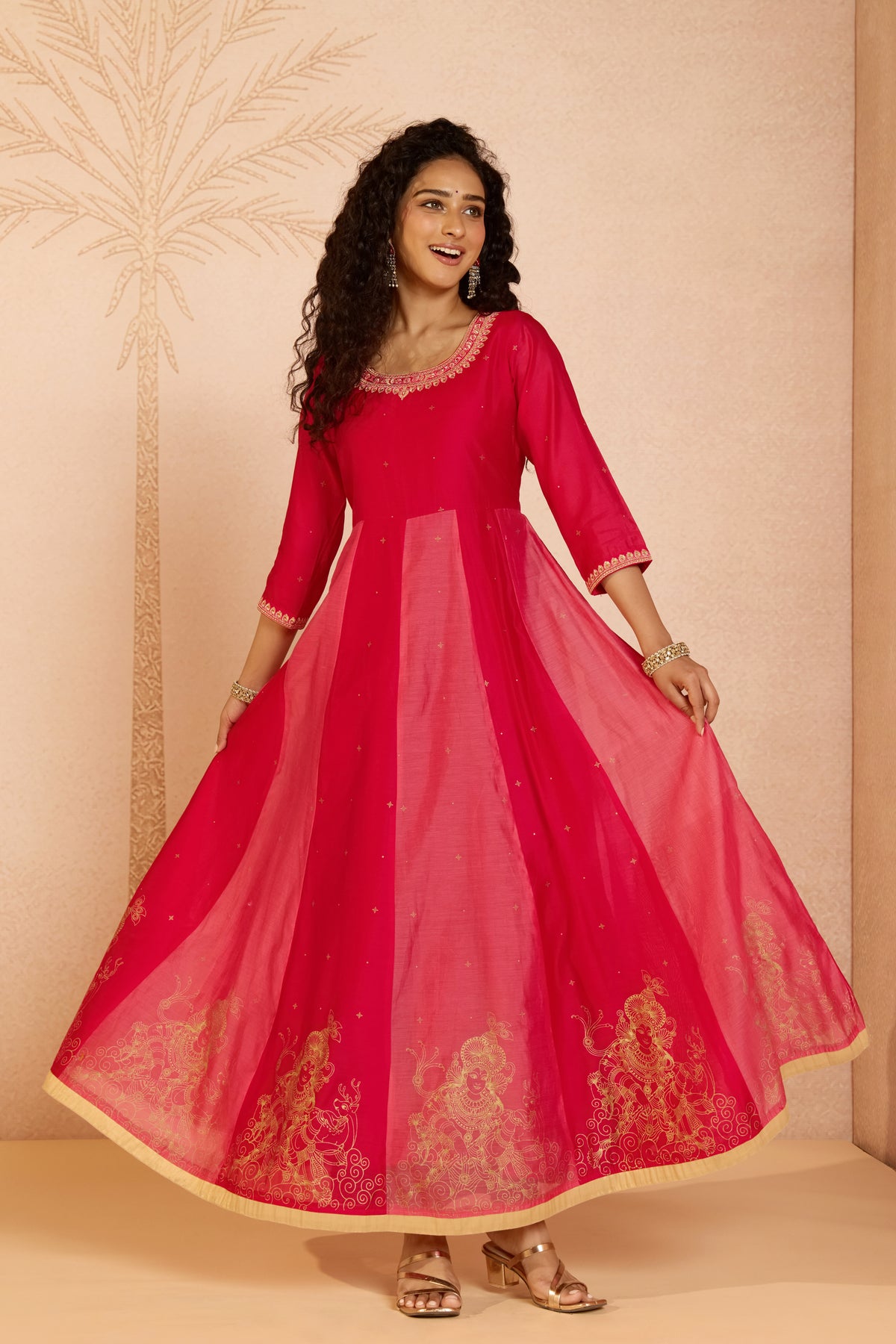Pink Mural Printed Chanderi Anarkali