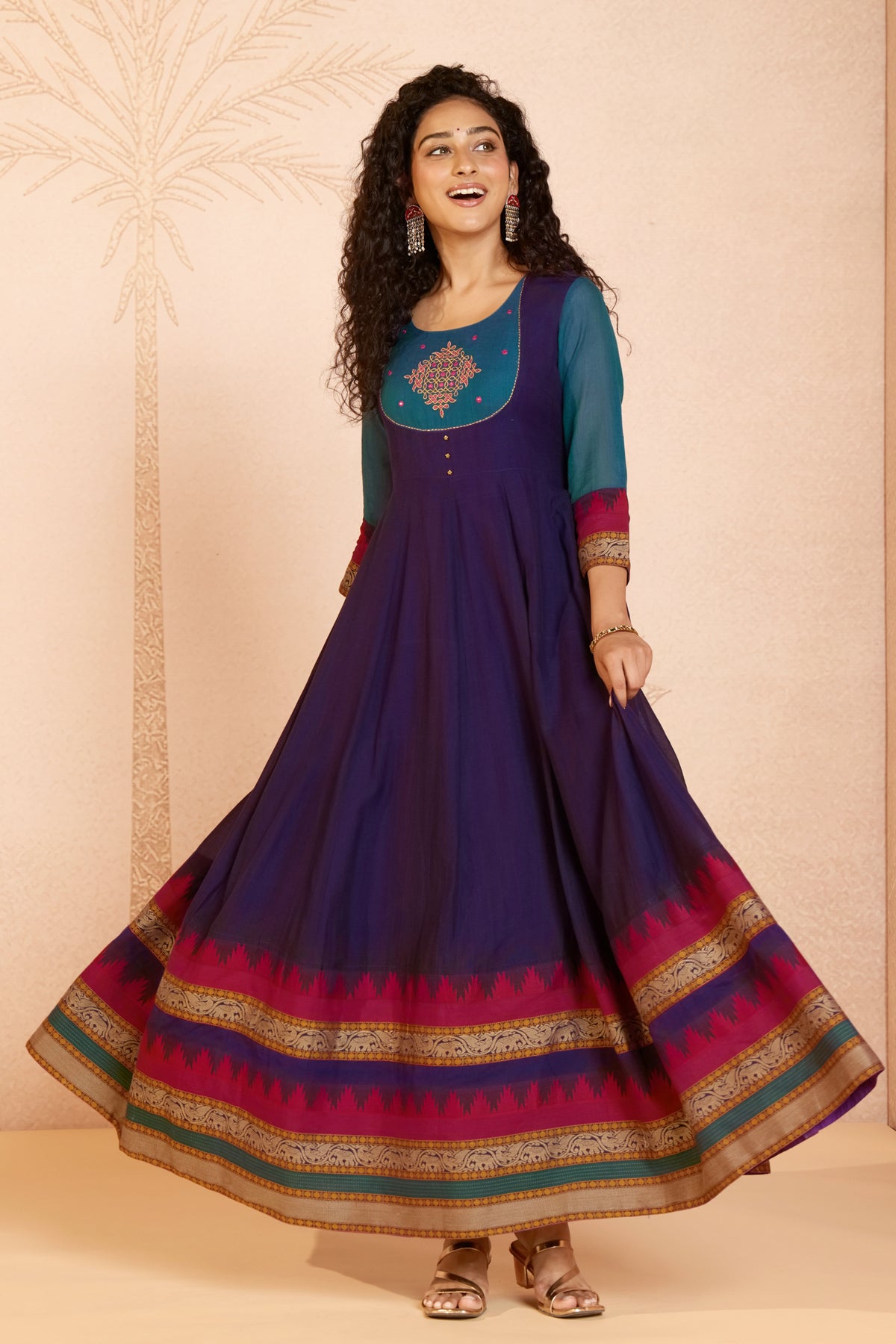 Purple Kollam Embroidered Cotton A-line Anarkali