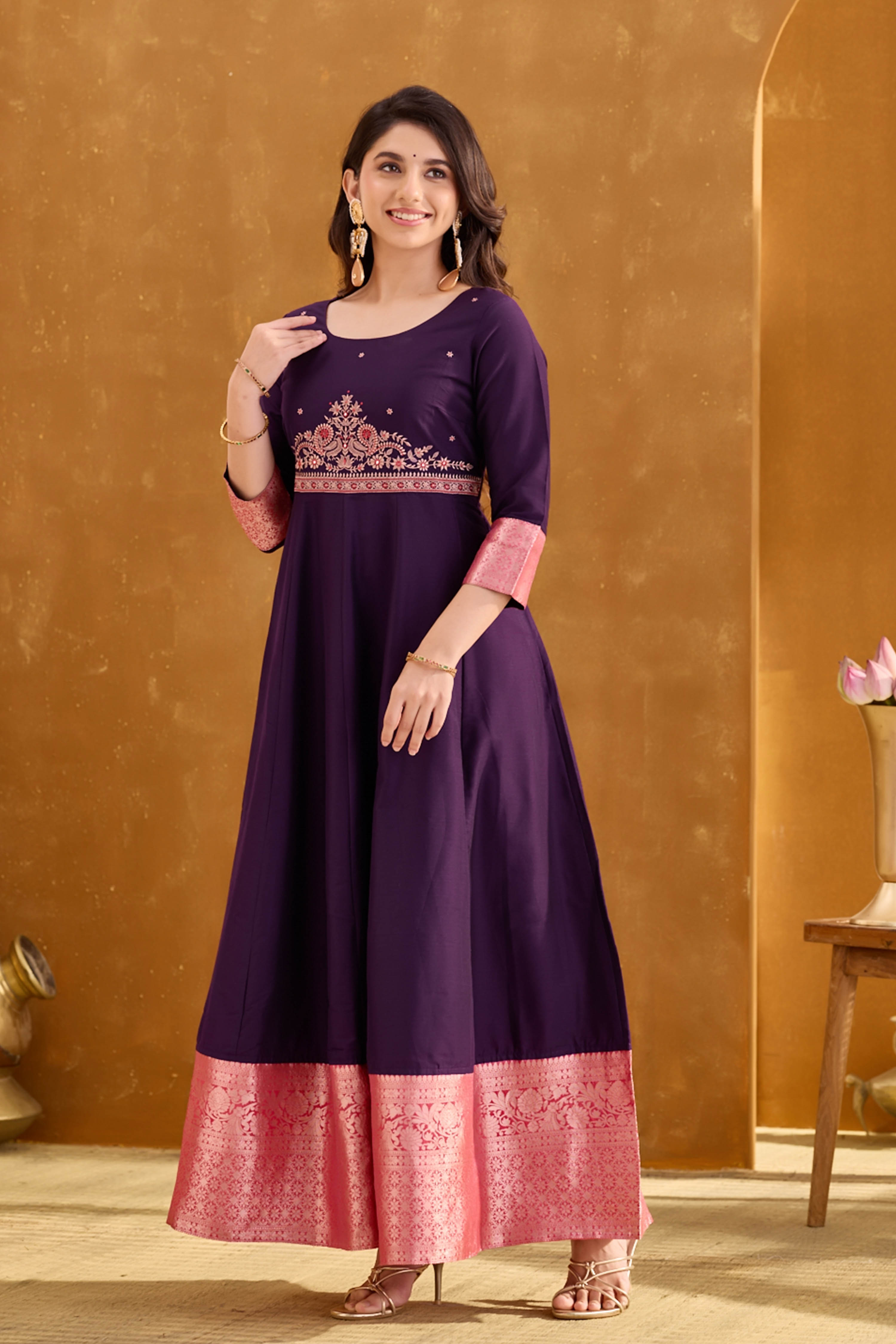 Purple Anarkali with Brocade & Foil Mirror Work