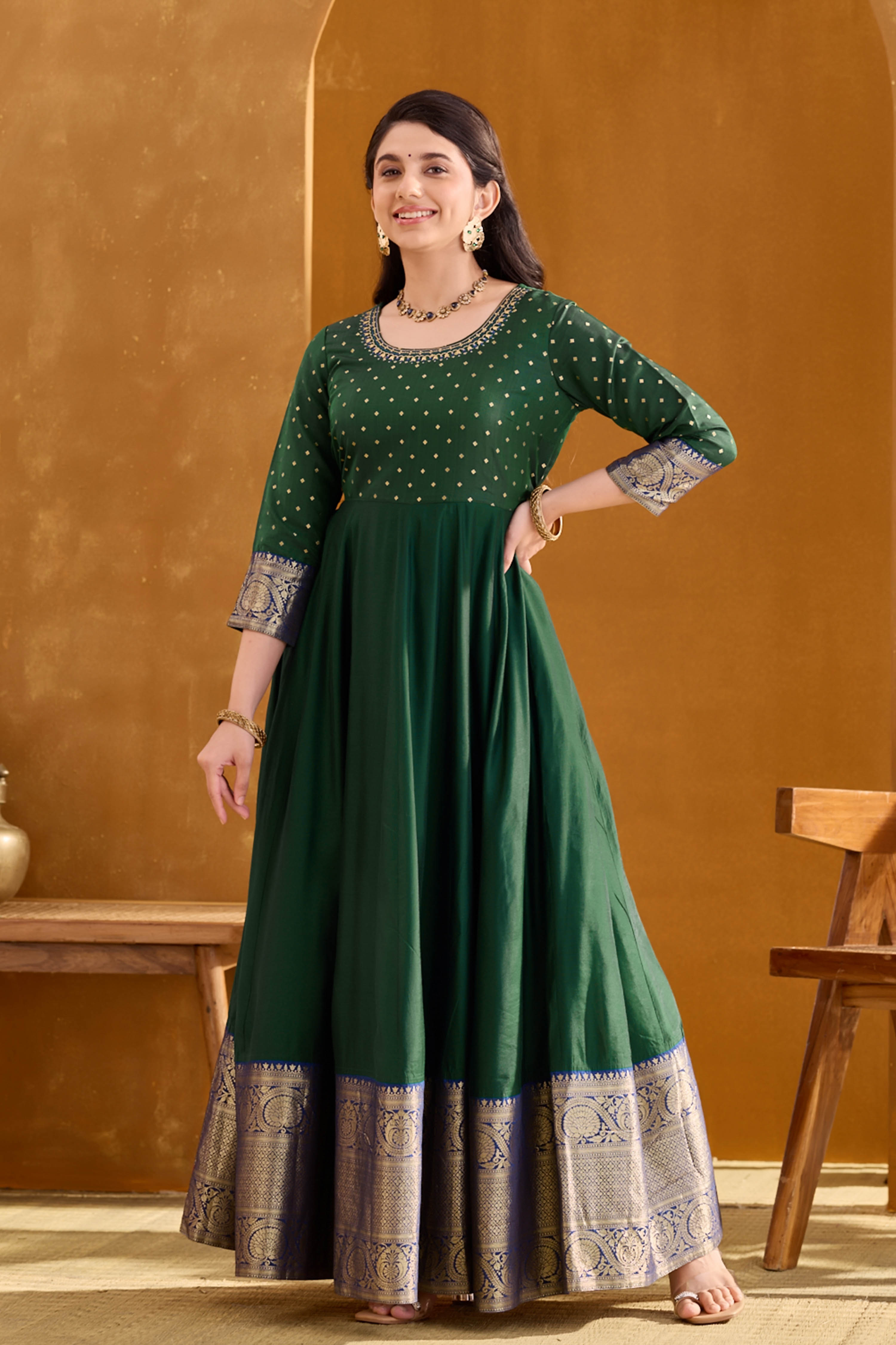 Deep Green Anarkali with Golden Embroidery Design & Brocade Border Maybell Womens Fashion Deep Green Anarkali with Golden Embroidery Design & Brocade Border Maybell Womens Fashion