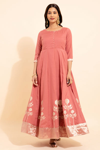 Goemetric Embroidery With Floral Printed Anarkali Pink