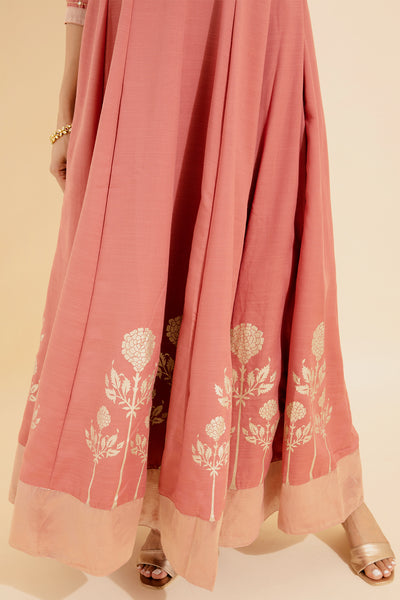 Goemetric Embroidery With Floral Printed Anarkali Pink