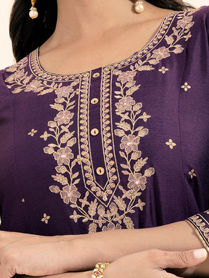 Floral Embroidered Allover Printed Anarkali Purple