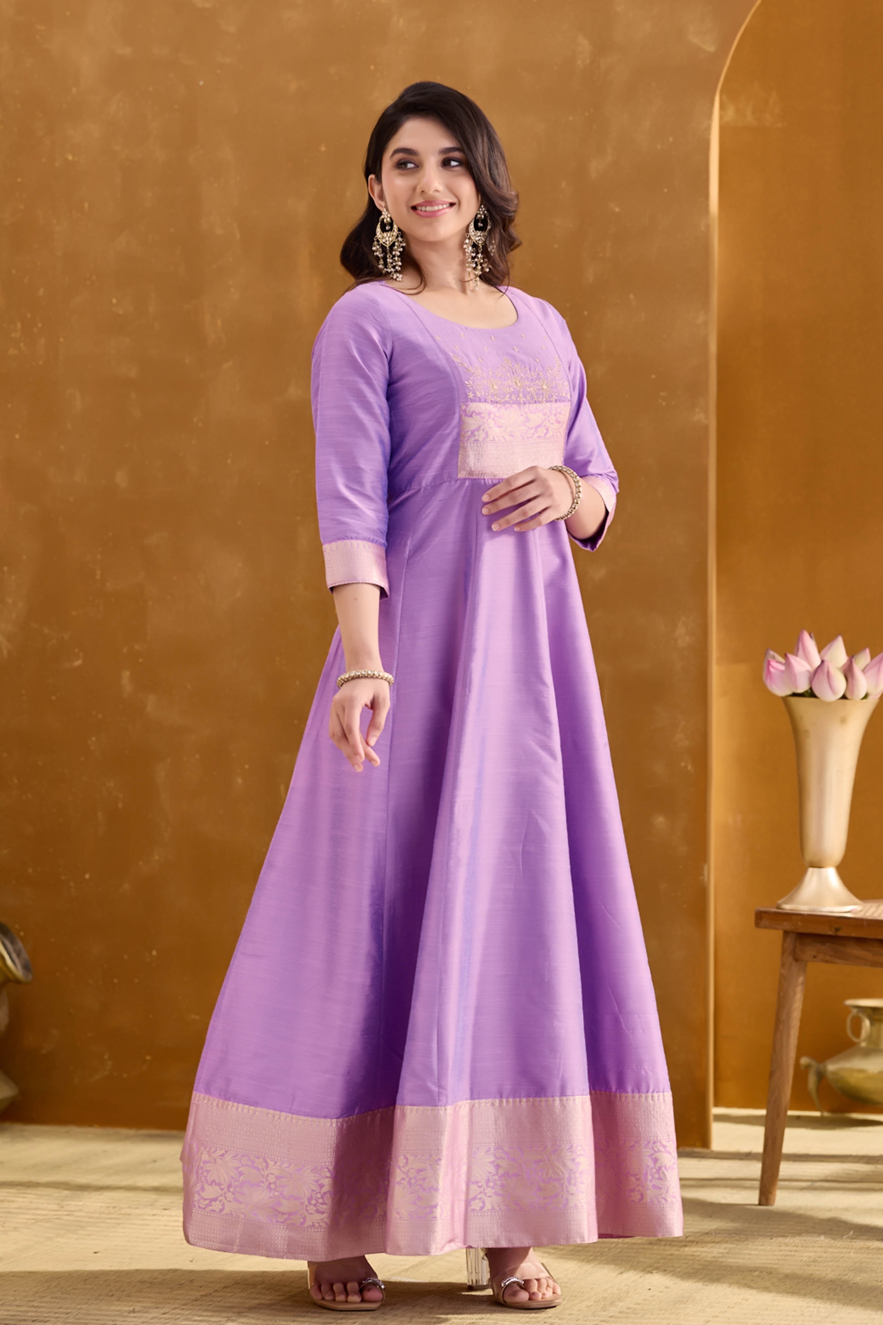Lavender Anarkali with Embroidery Yoke & Brocade Border