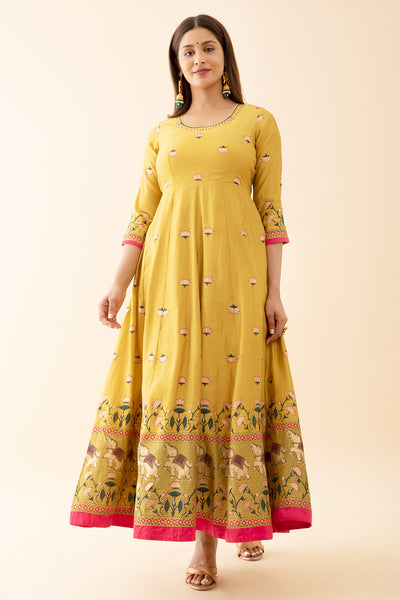 Louts Motif Printed Anarkali with Embroidered Neckline - Yellow