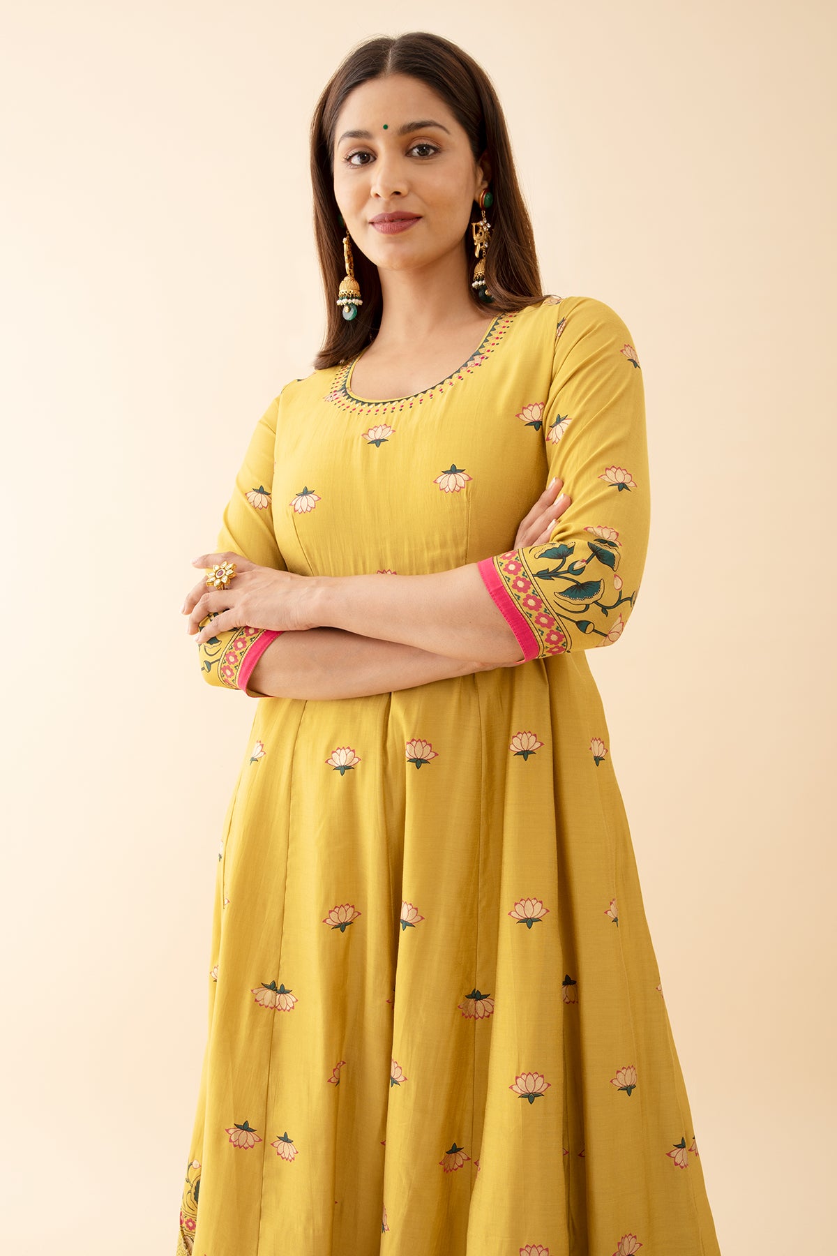 Louts Motif Printed Anarkali with Embroidered Neckline - Yellow