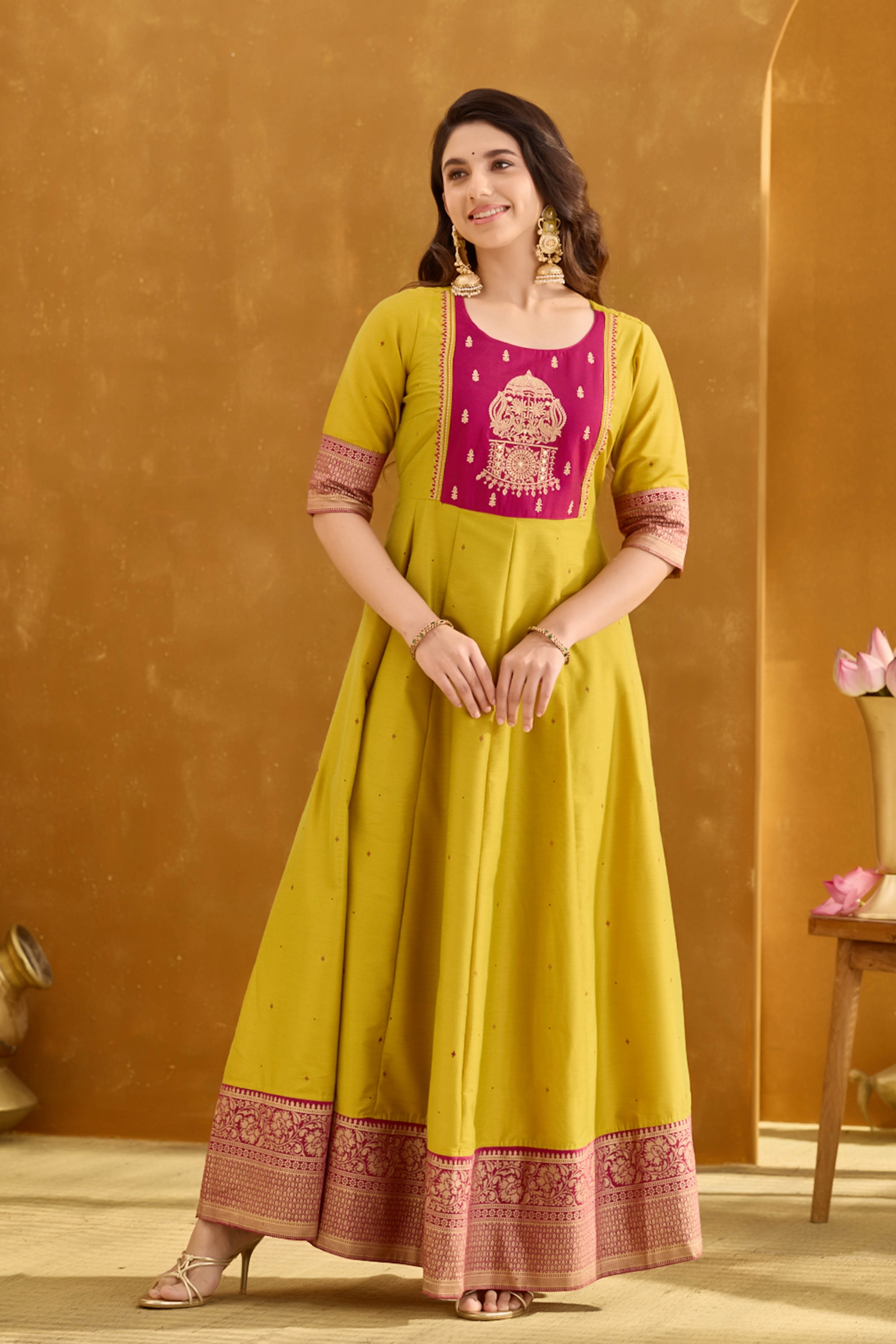 Lemon Green Anarkali with Muthukuda Embroidery Yoke & Brocade Border