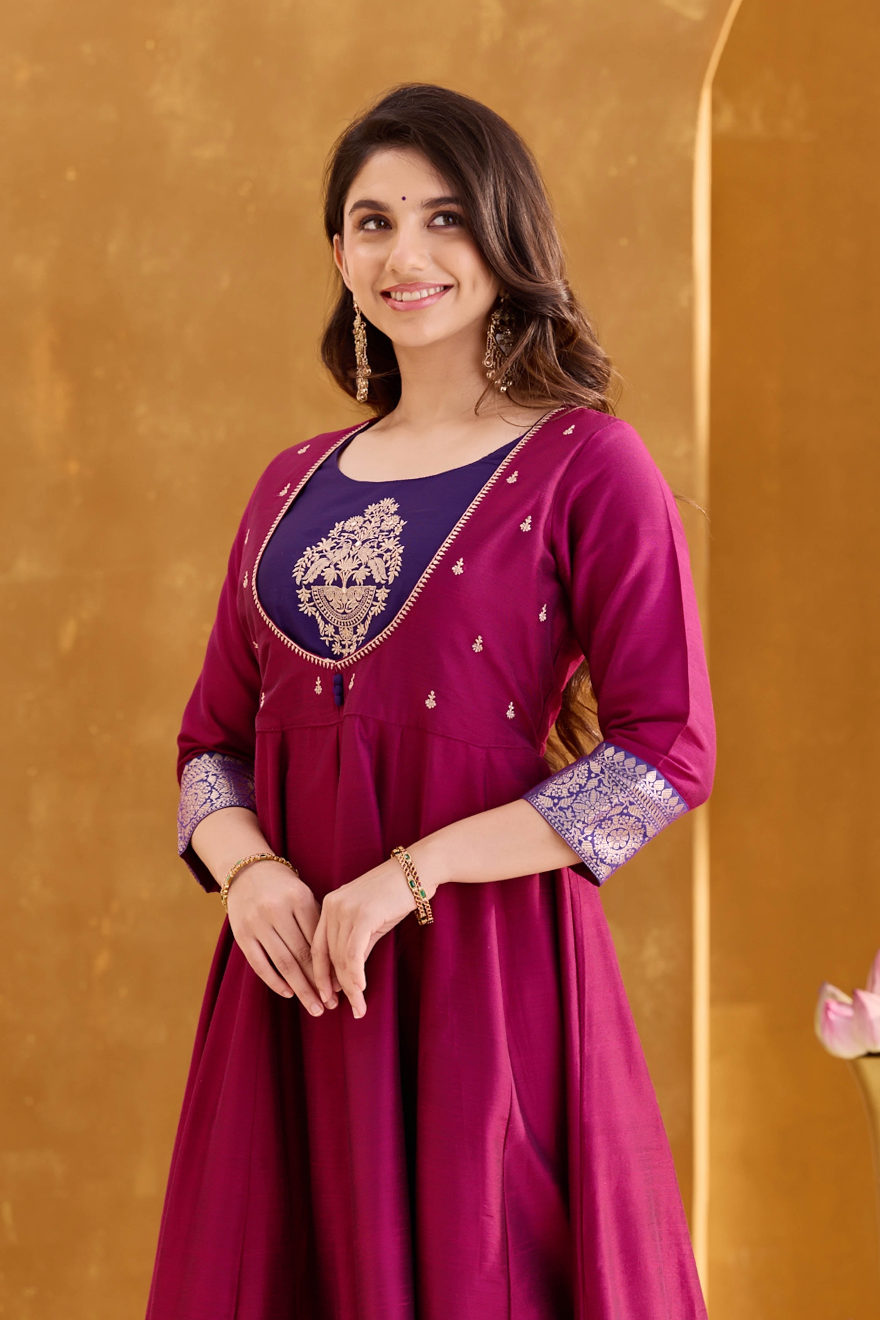 Wine Anarkali with Embroidery Yoke & Brocade Border