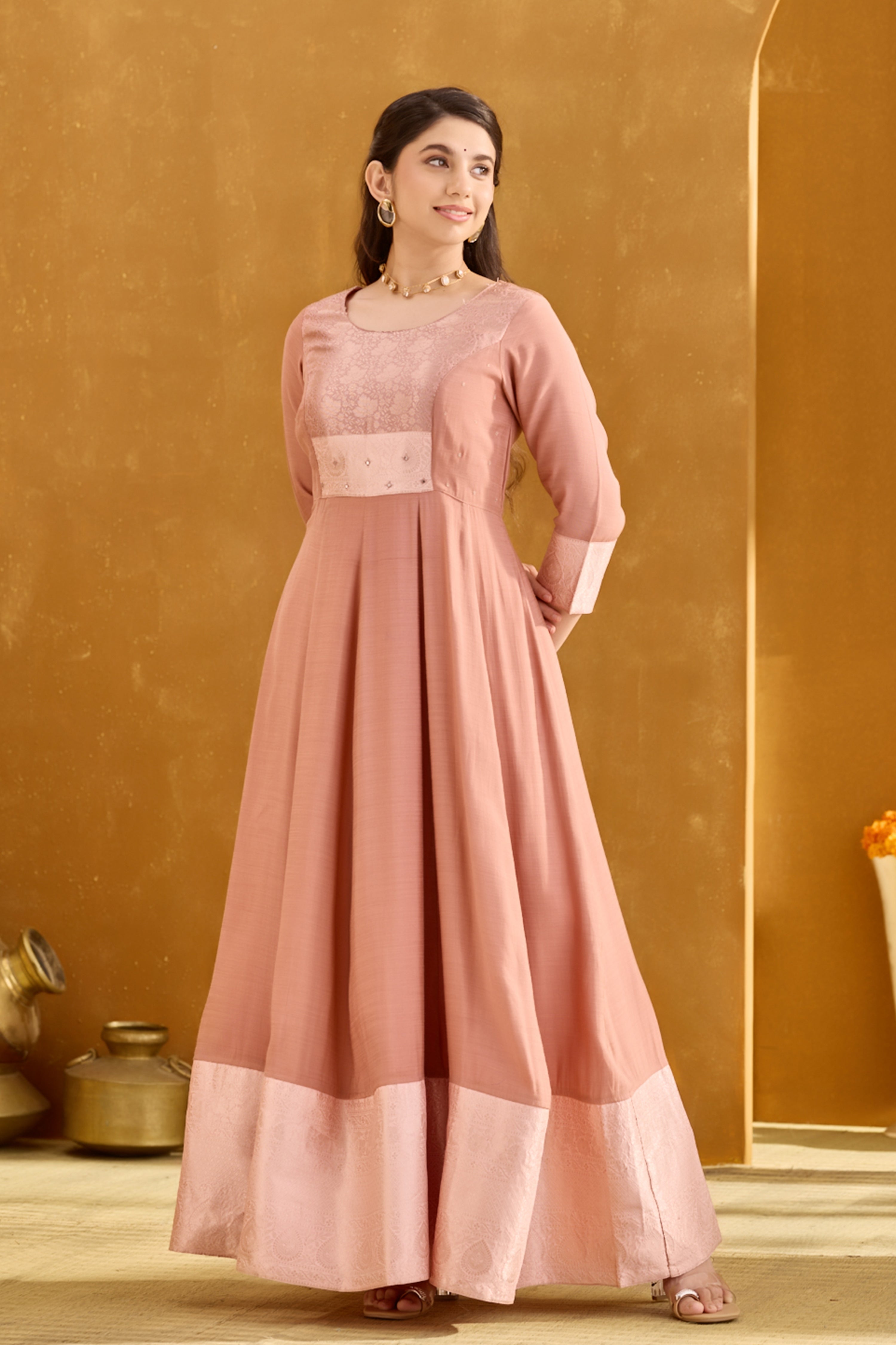 Peach Anarkali Dress with Brocade Work for Women – Maybell Womens Fashion