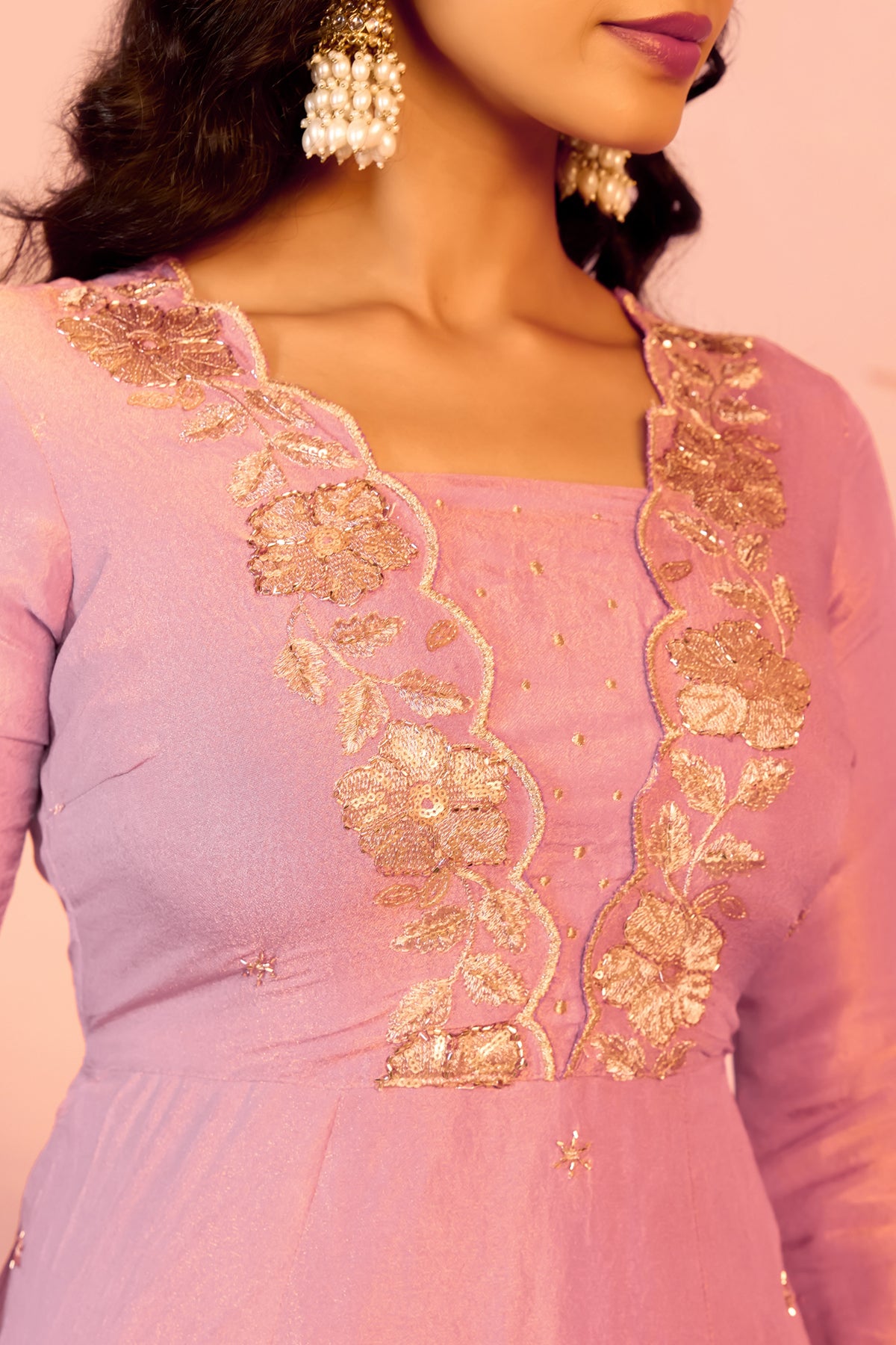 Pink Floral Embroidered A-line Tissue Anarkali