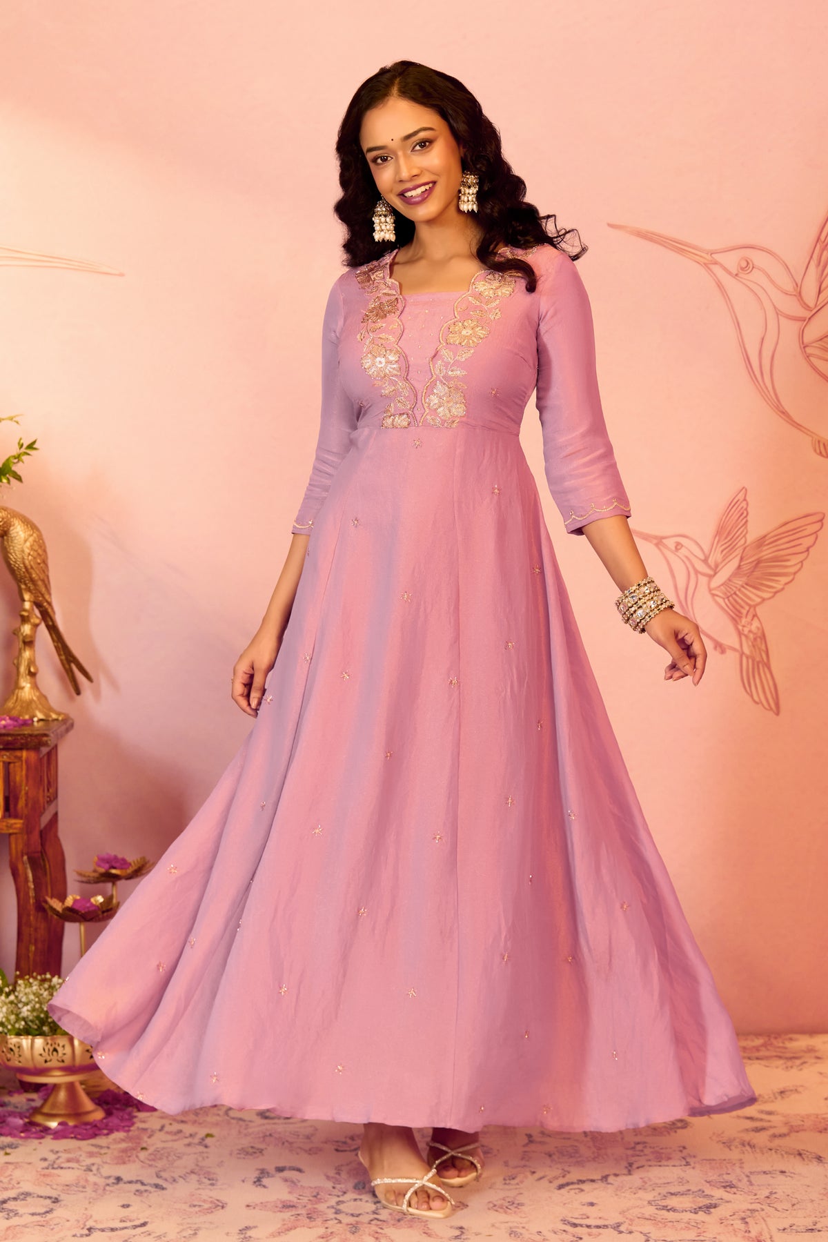 Pink Floral Embroidered A-line Tissue Anarkali