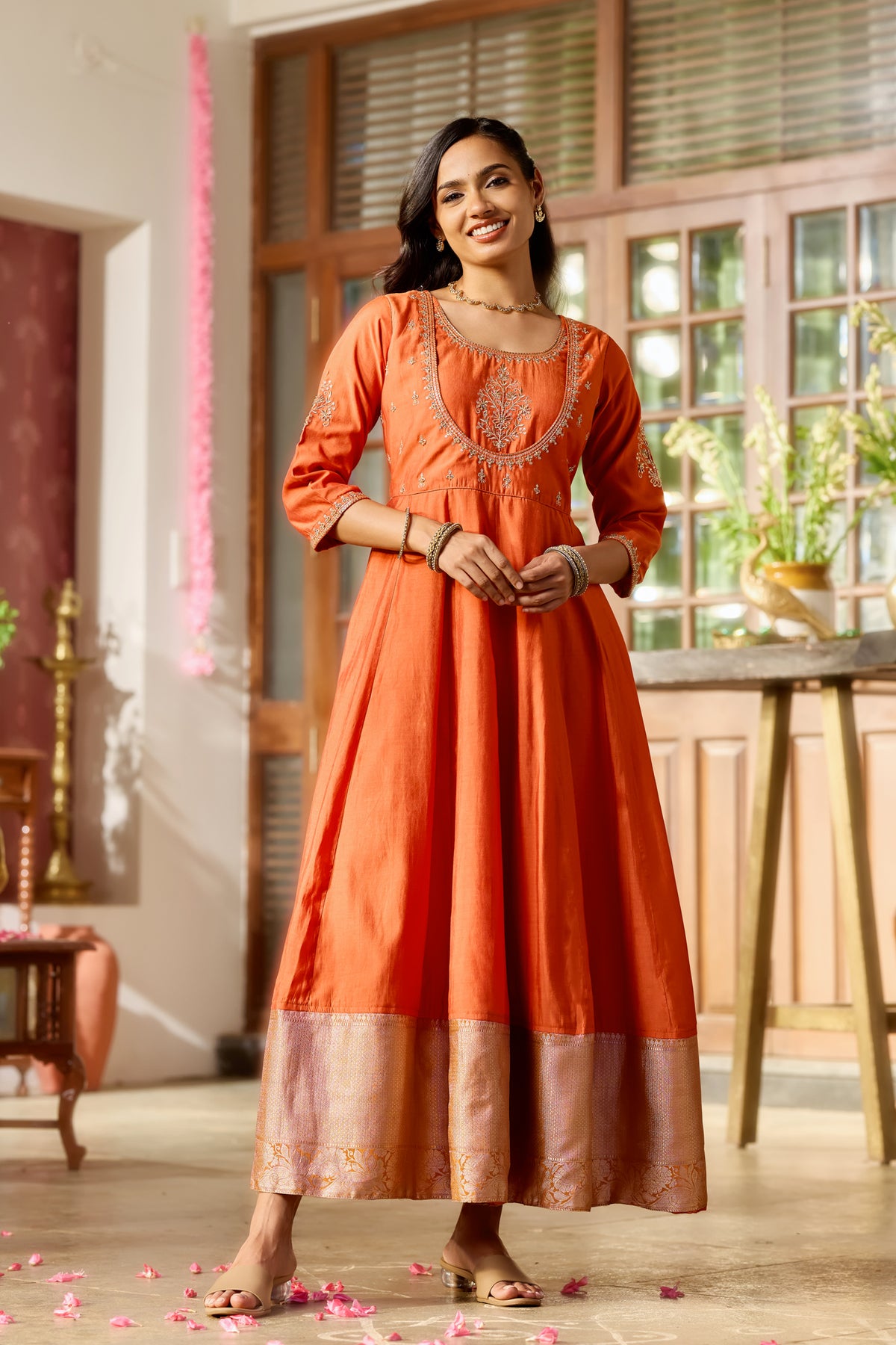 Rust Floral Embellished A-line Anarkali