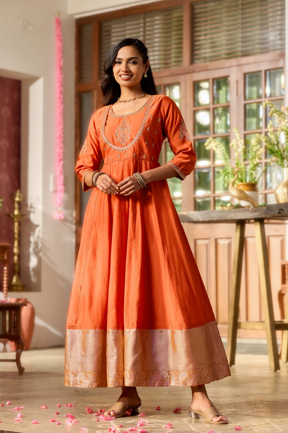Rust Floral Embellished A-line Anarkali