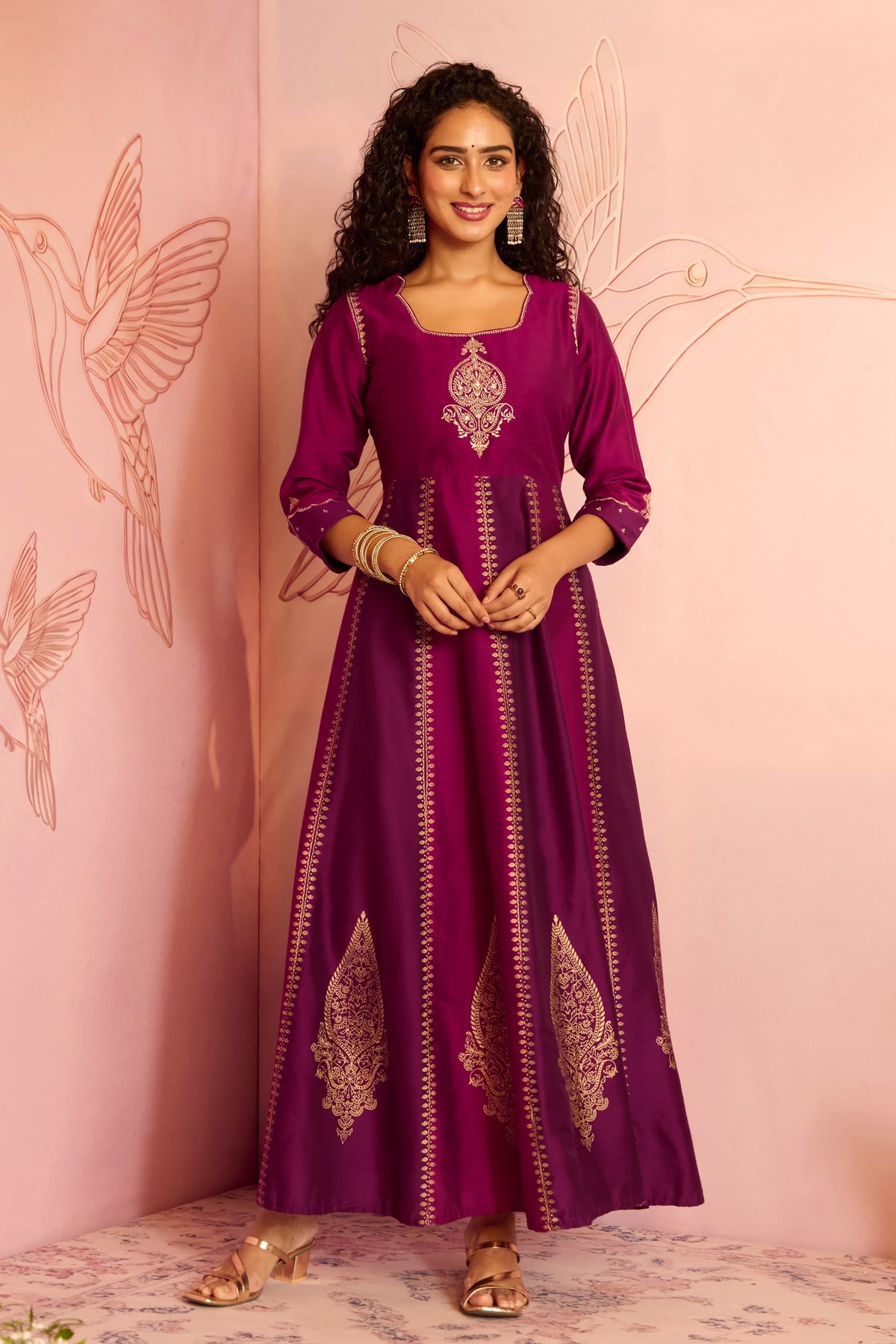 Magenta & Purple Paisley Embroidered A-line Anarkali