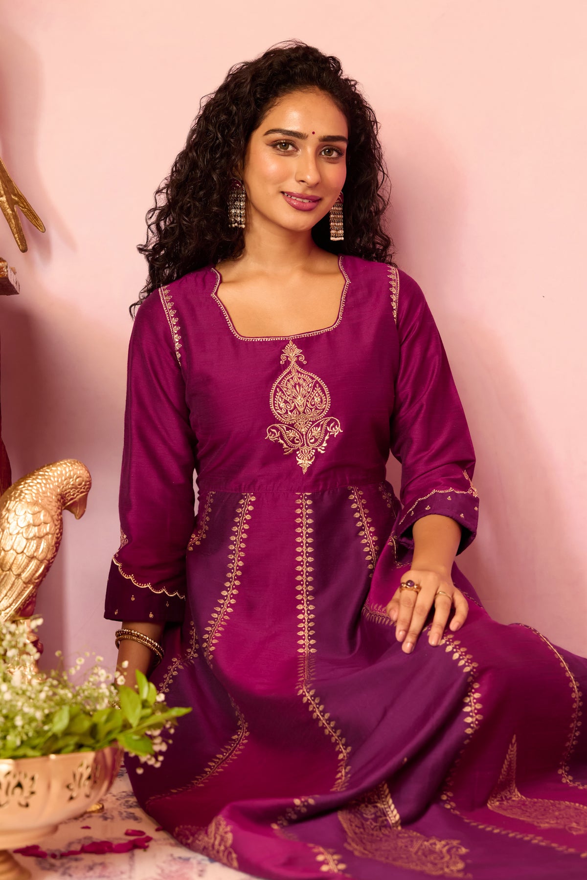 Magenta & Purple Paisley Embroidered A-line Anarkali
