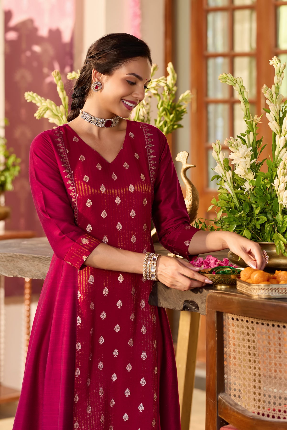 Red Paisley & Floral Brocade A-line Anarkali