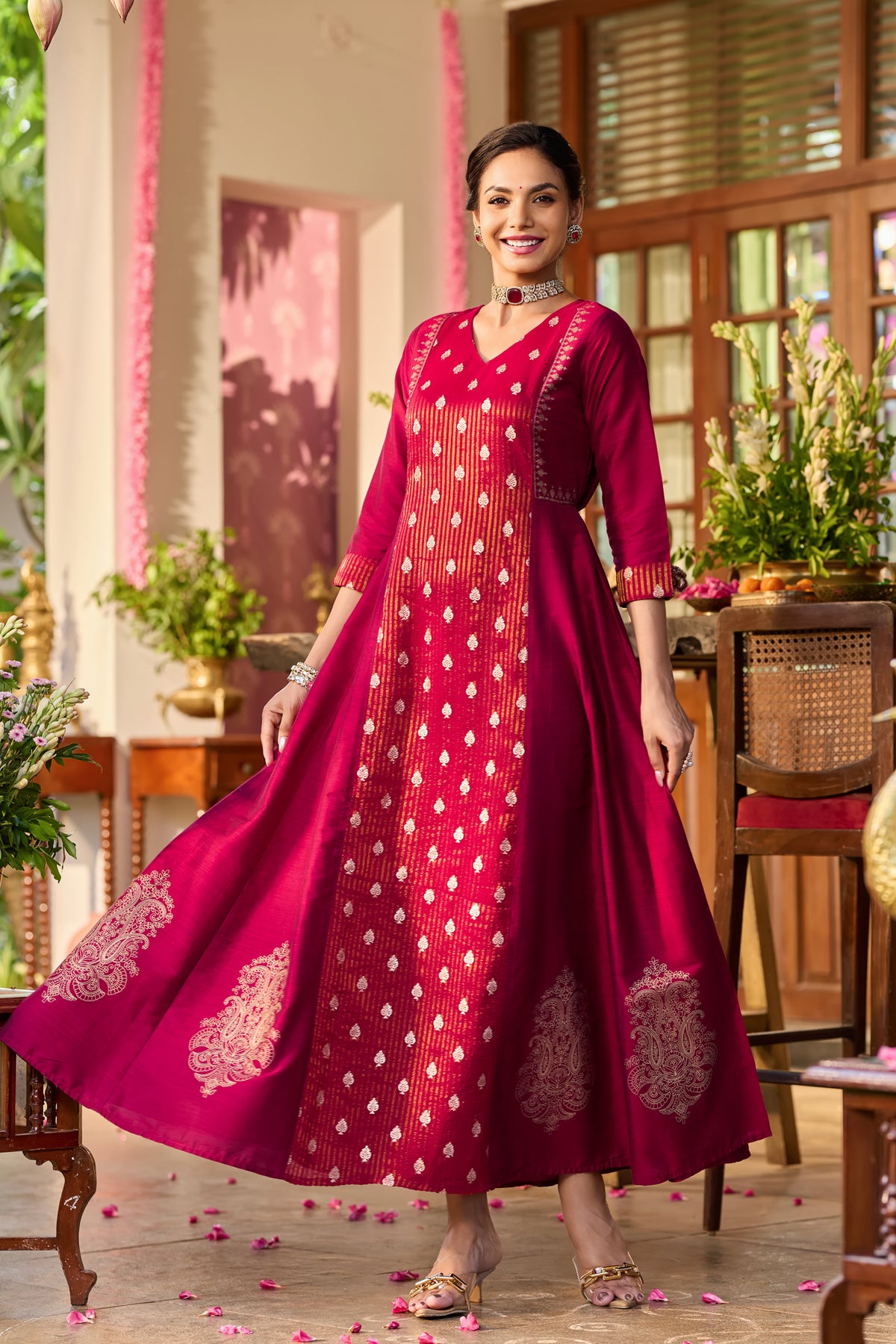 Red Paisley & Floral Brocade A-line Anarkali