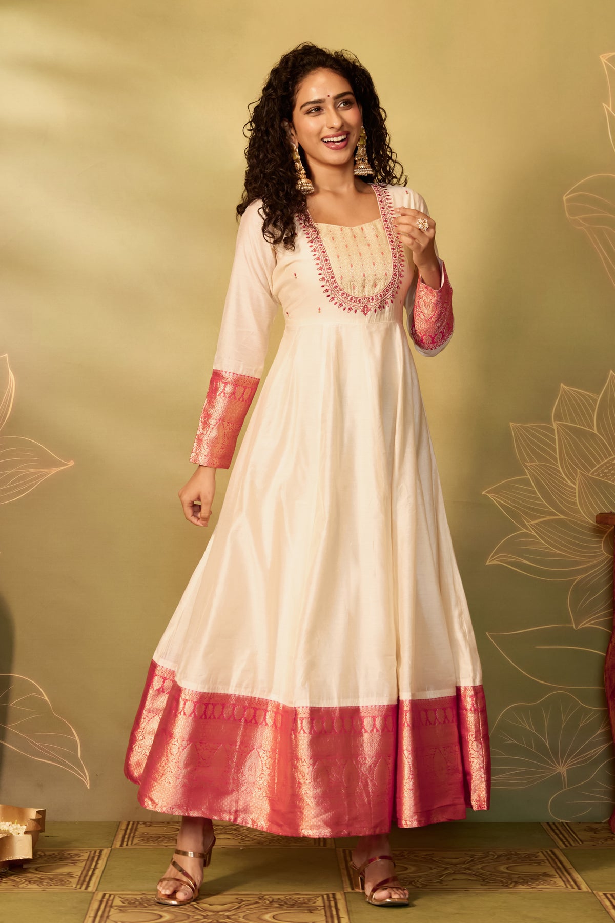 Off White Floral Brocade A-Line Anarkali