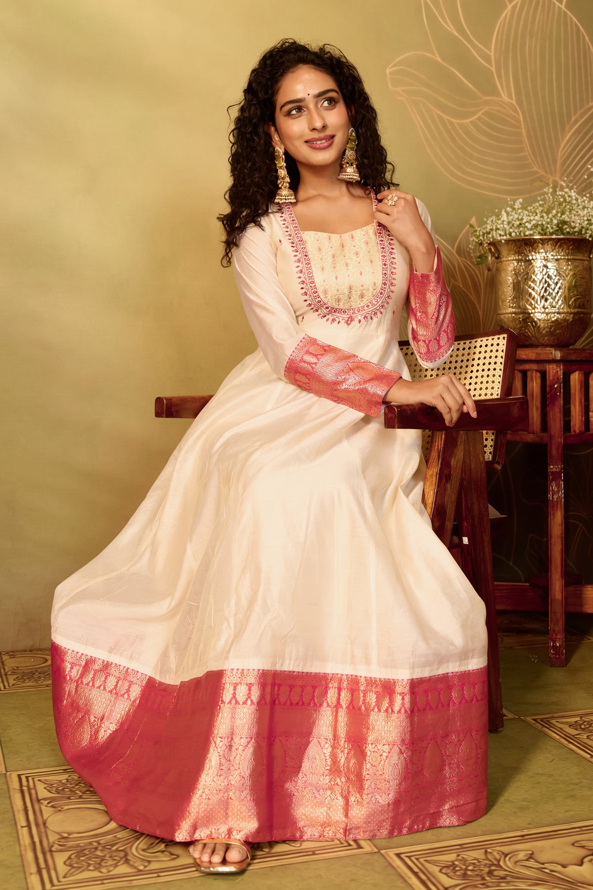Off White Floral Brocade A-Line Anarkali