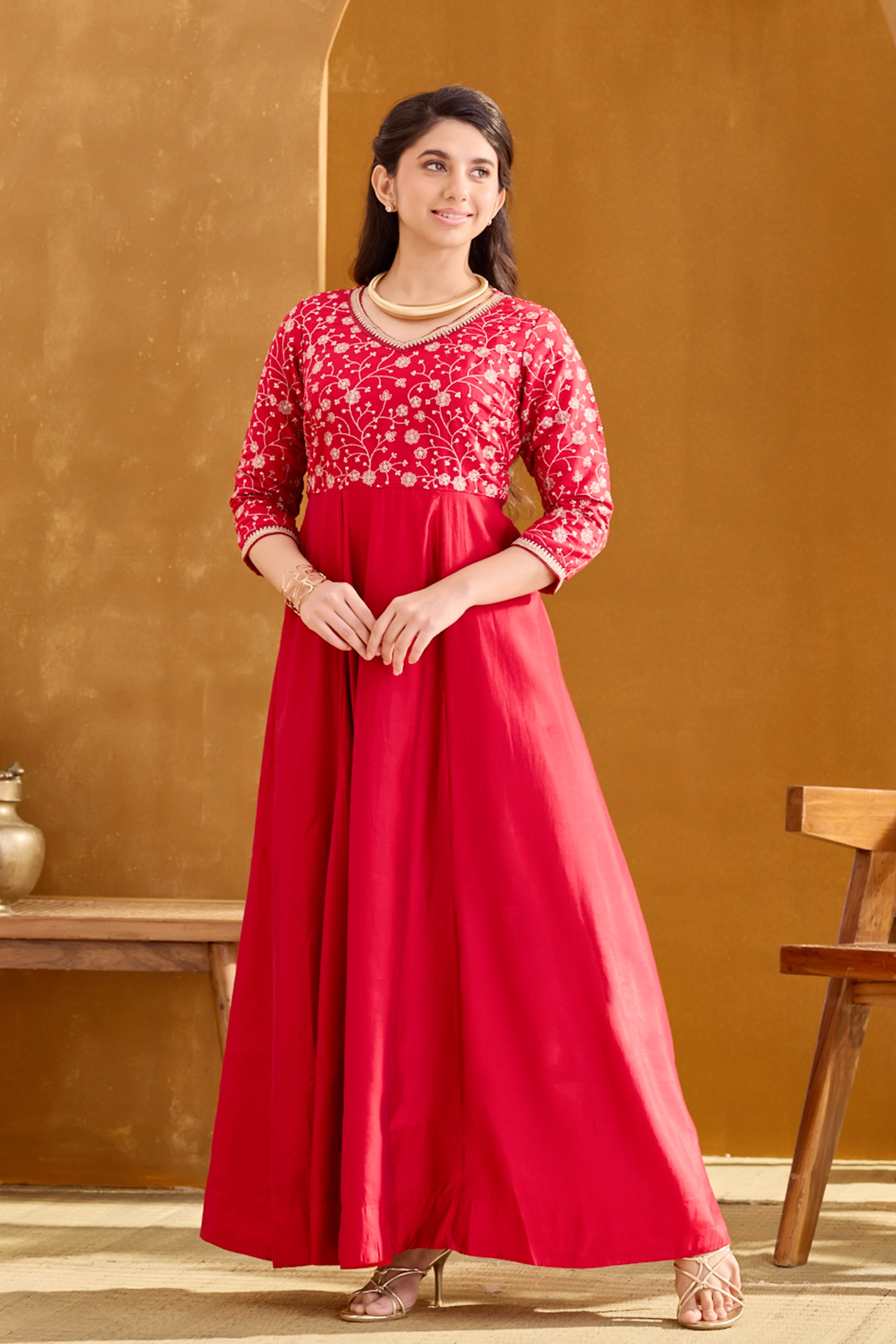 Red Anarkali with Sequin & Golden Embroidery