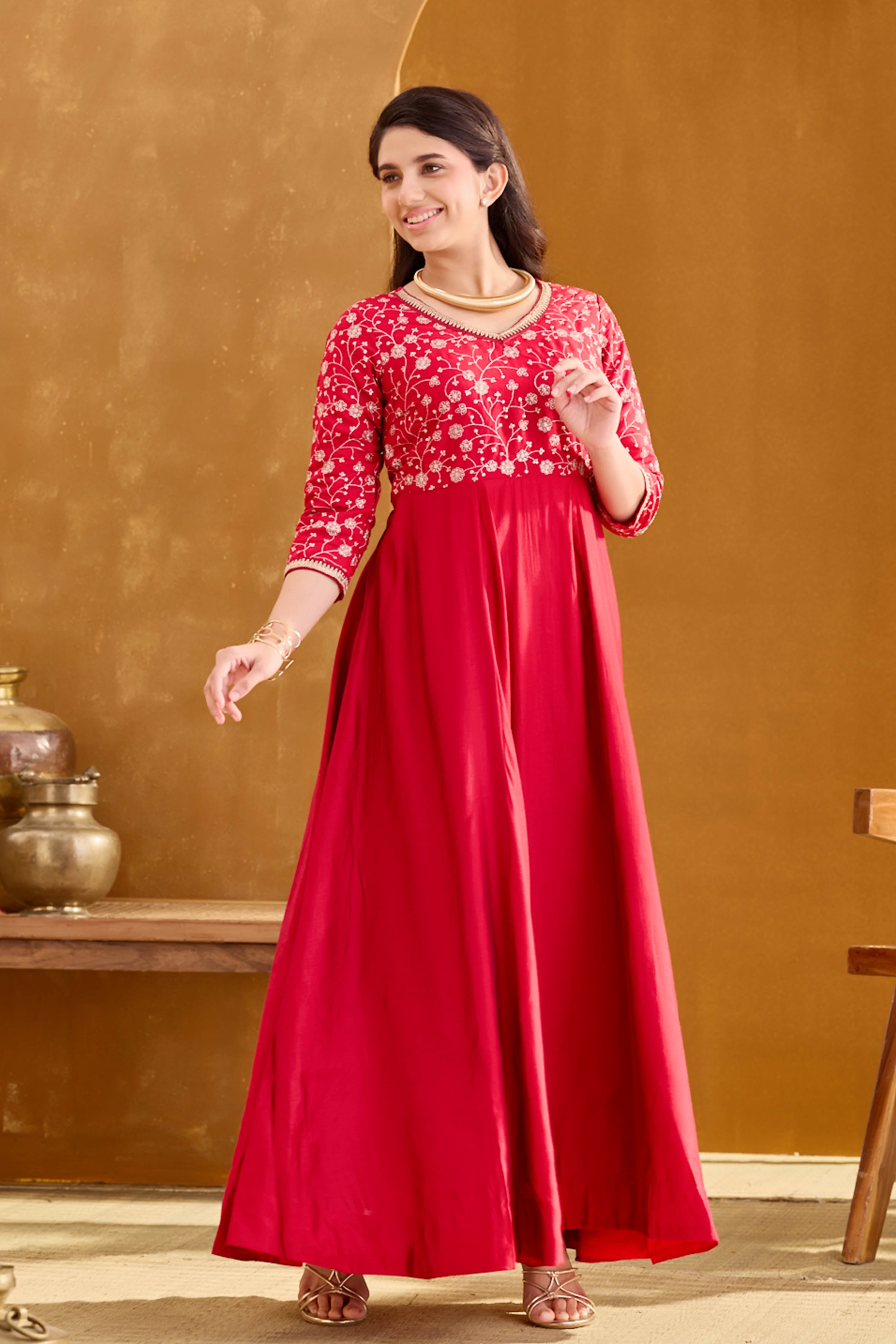 Red Anarkali with Sequin Golden Embroidery