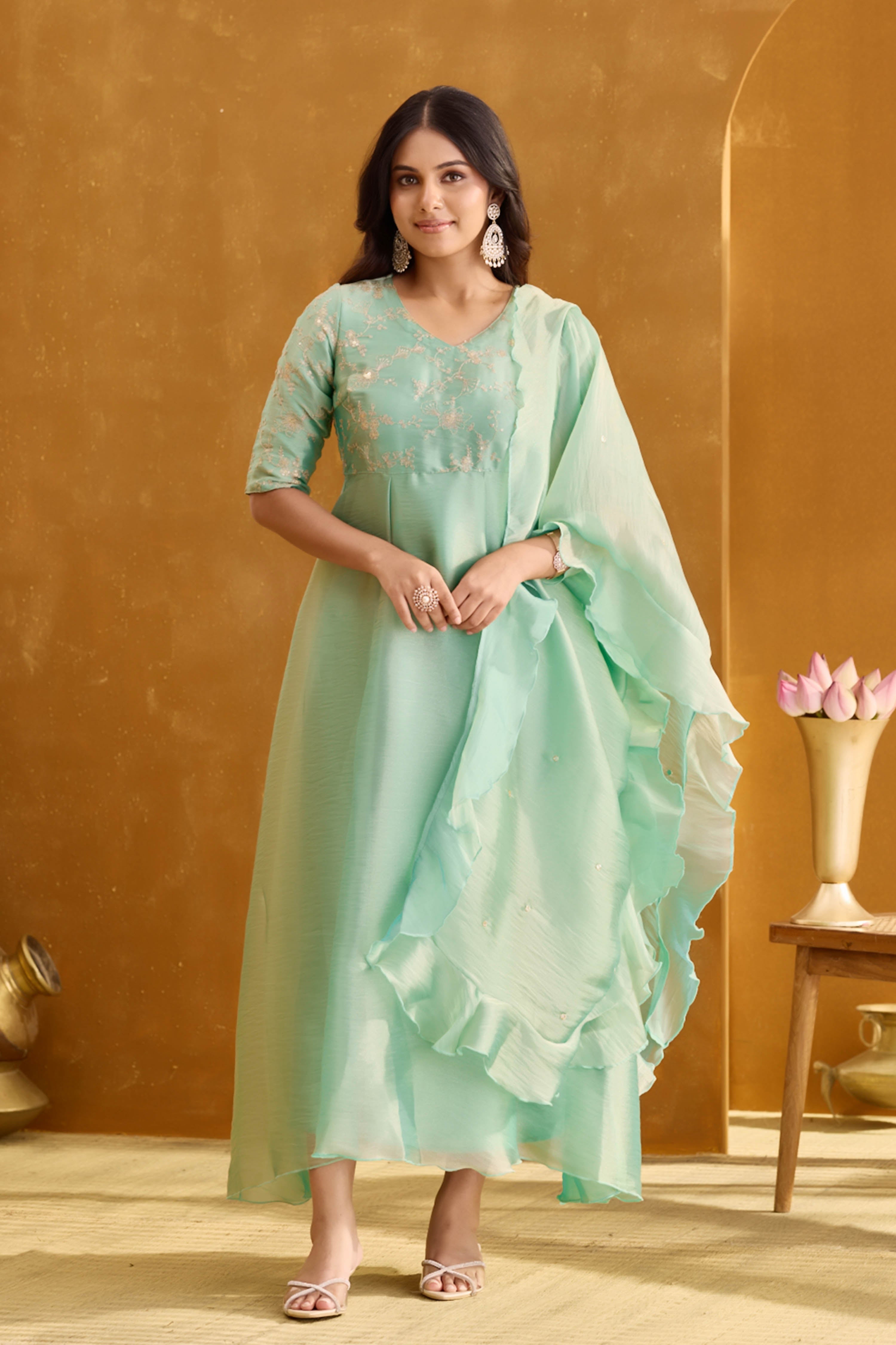 slim fit dress slacks Shop Mint green embroidered anarkali gown main image 0