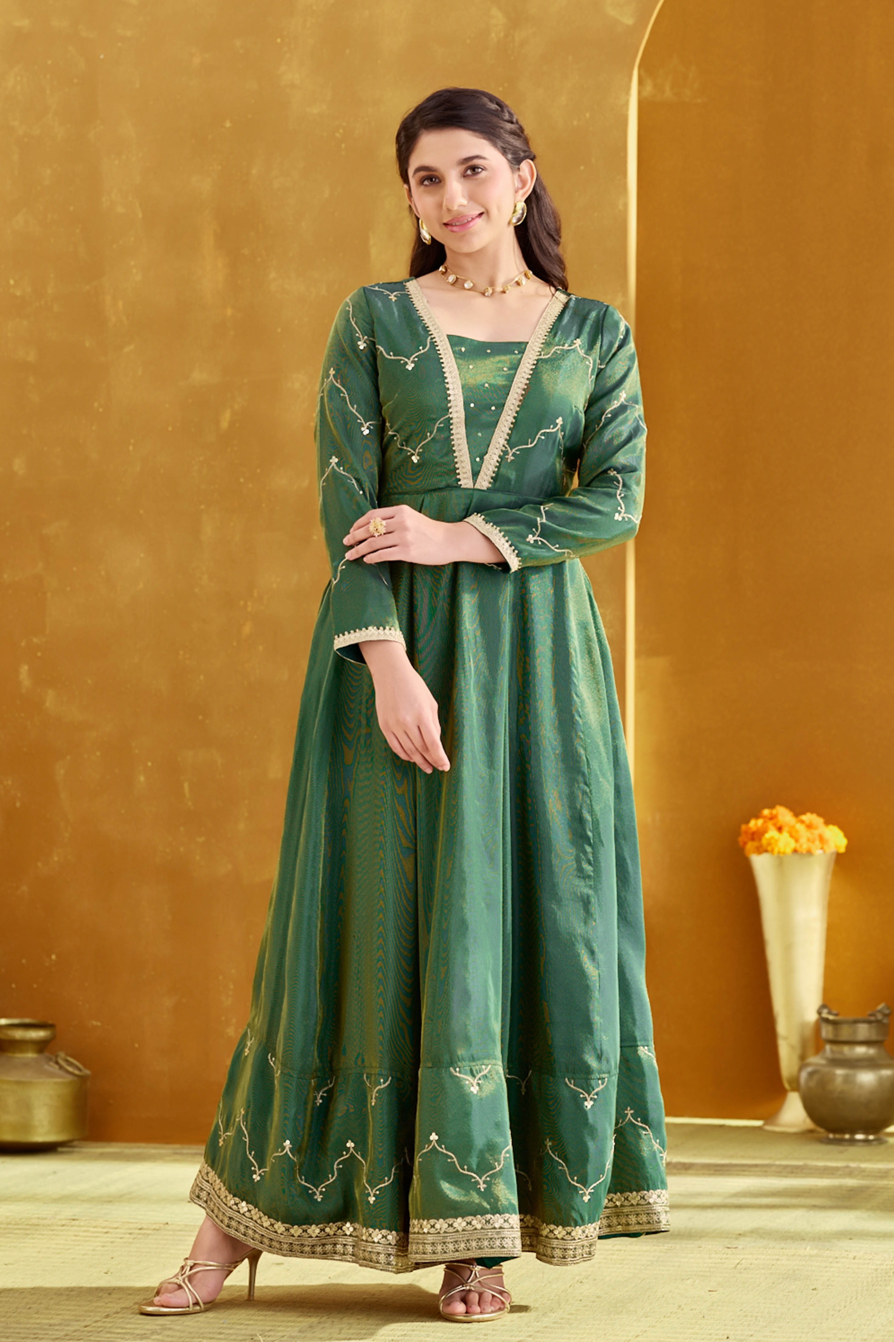 Green Shimmer Anarkali with Sequin & Embroidery Work