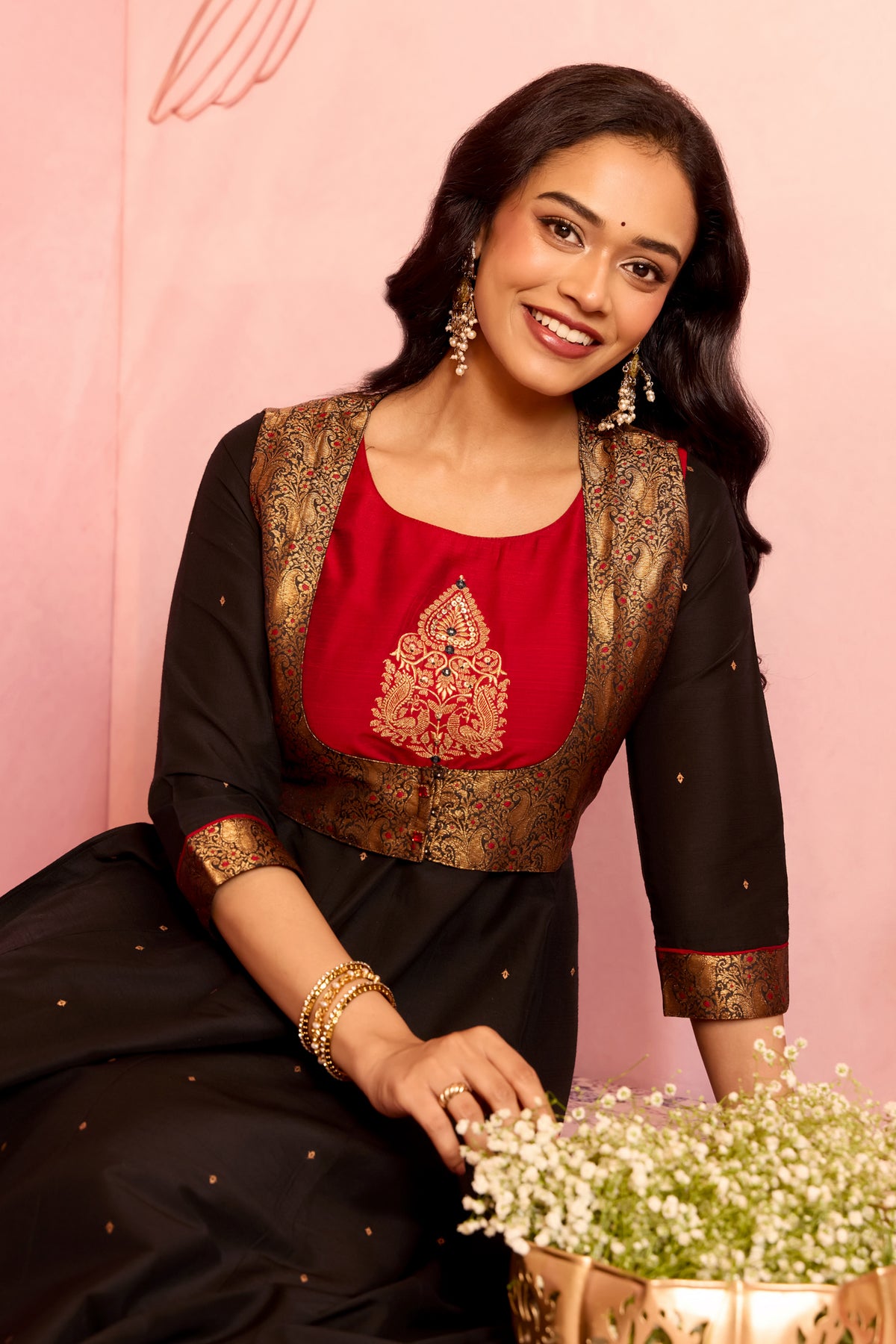 Black Peacock Embroidered Festive Anarkali with Brocade Jacket