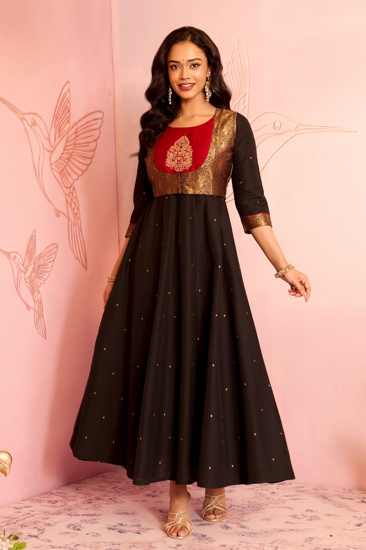 Black Peacock Embroidered Festive Anarkali with Brocade Jacket