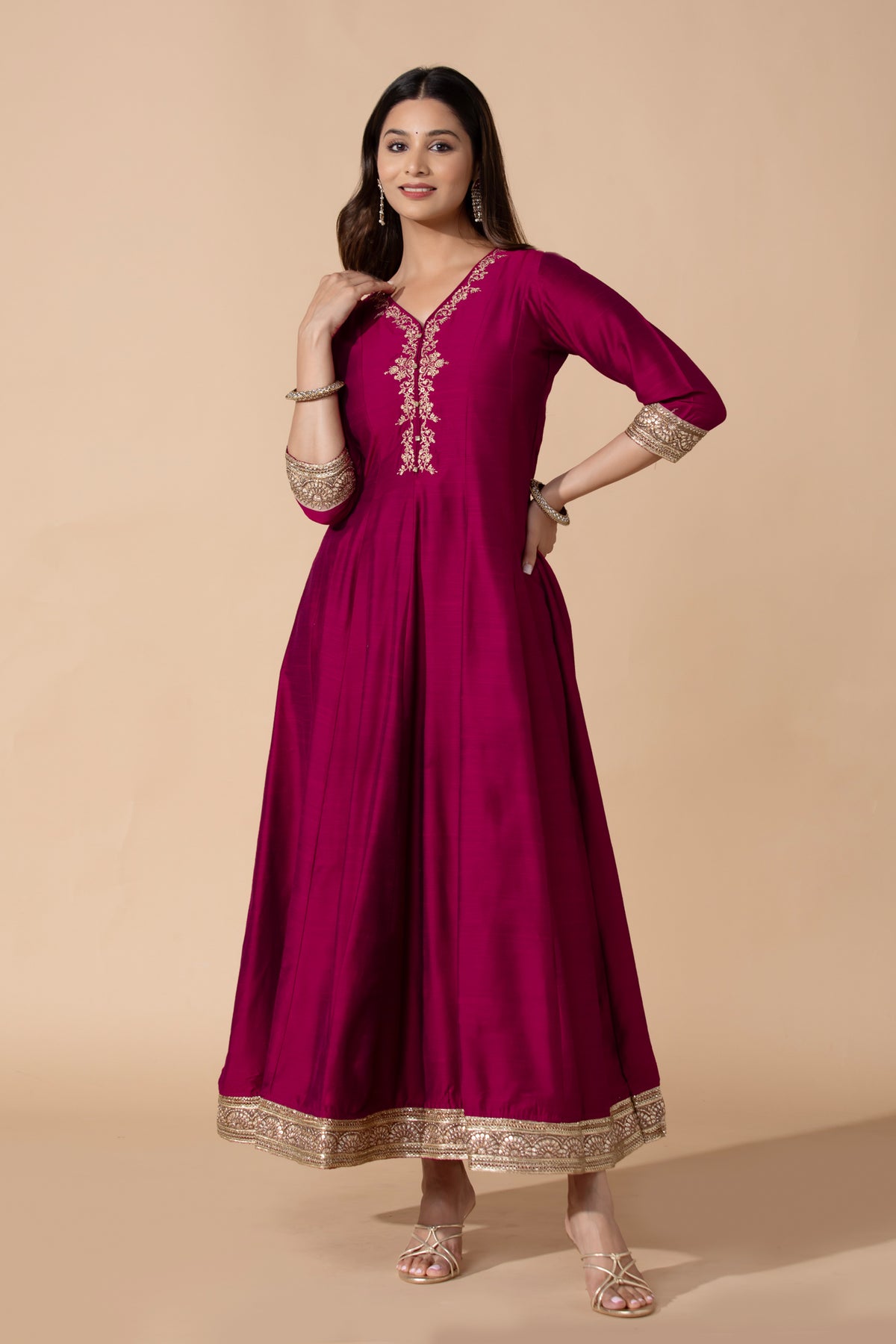 Floral Embroidered & Lace Pink A-Line Anarkali