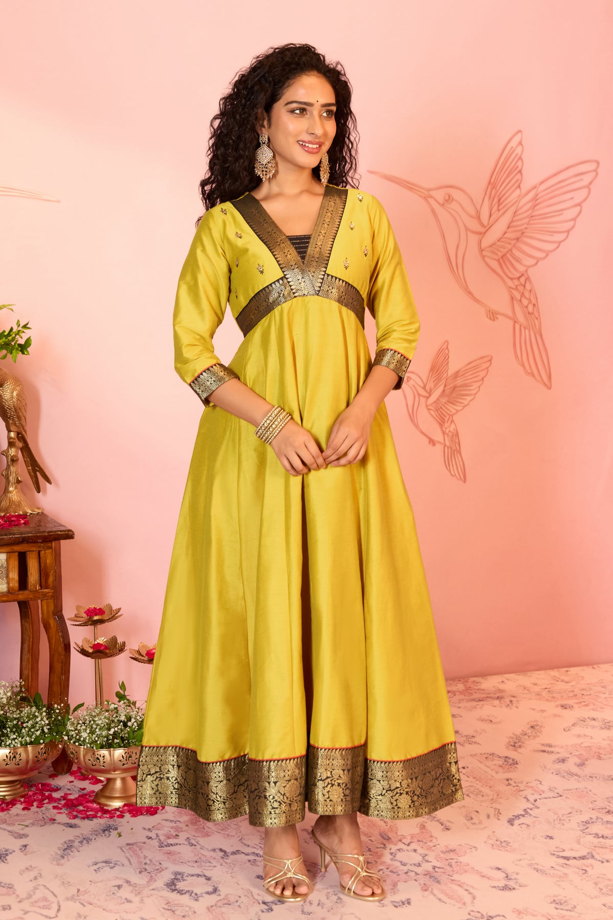 Lemon Yellow Floral A-line Raw Silk Anarkali