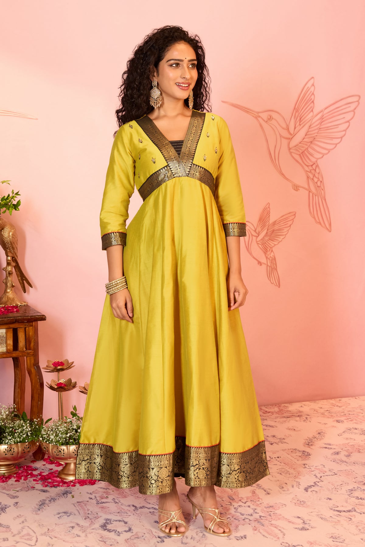 Lemon Yellow Floral A-line Raw Silk Anarkali