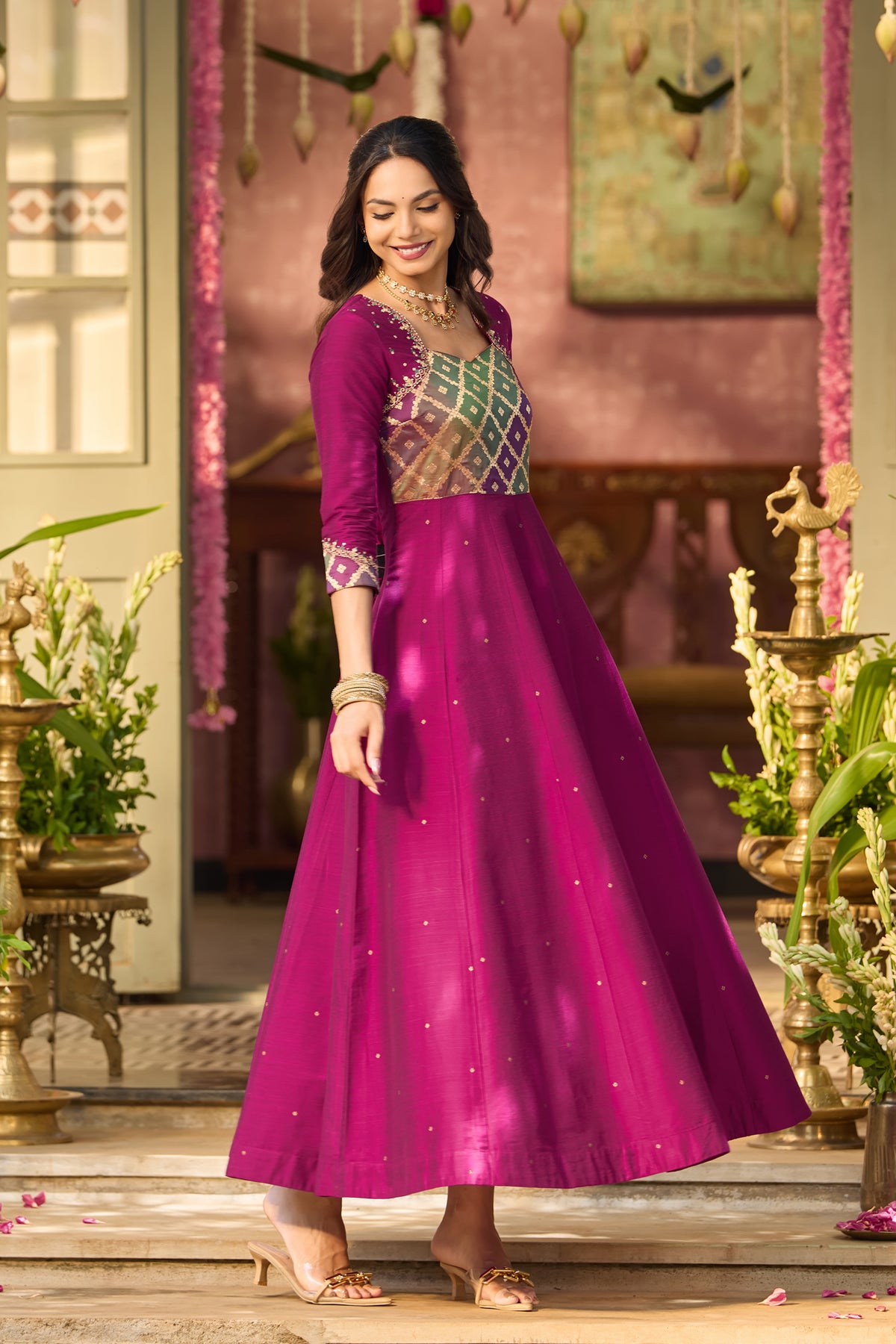 Magenta Floral Brocade Multicolour Yoke A-line Anarkali