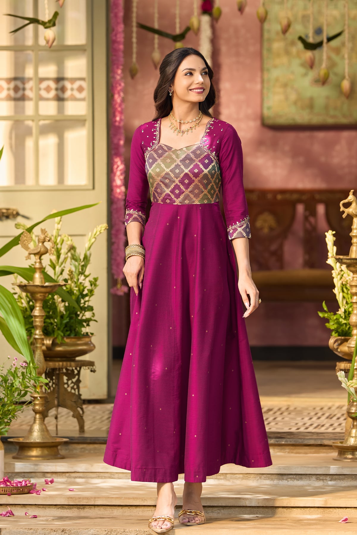 Magenta Floral Brocade Multicolour Yoke A-line Anarkali