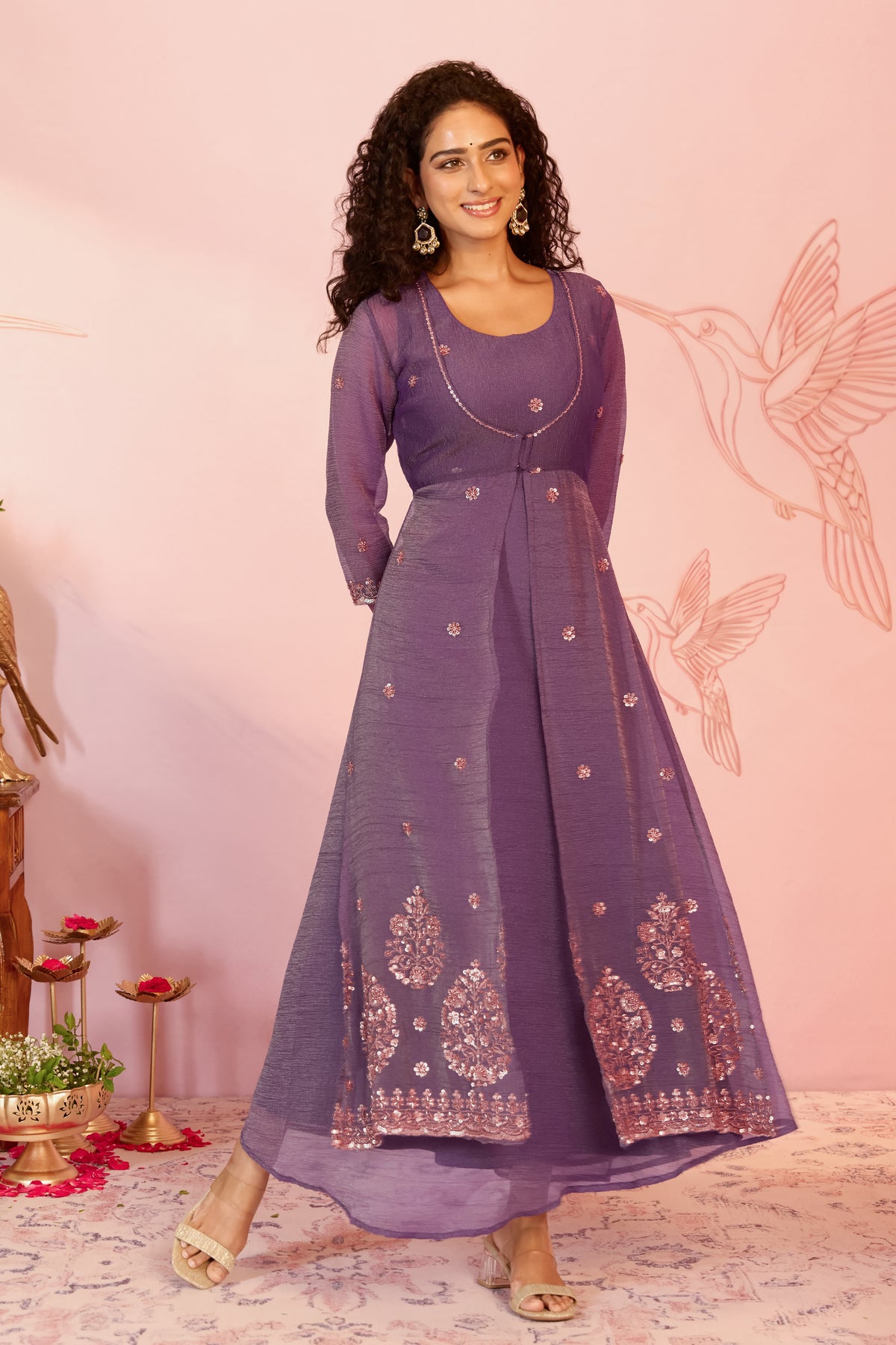 Purple Floral Sequin A-line Tissue Anarkali