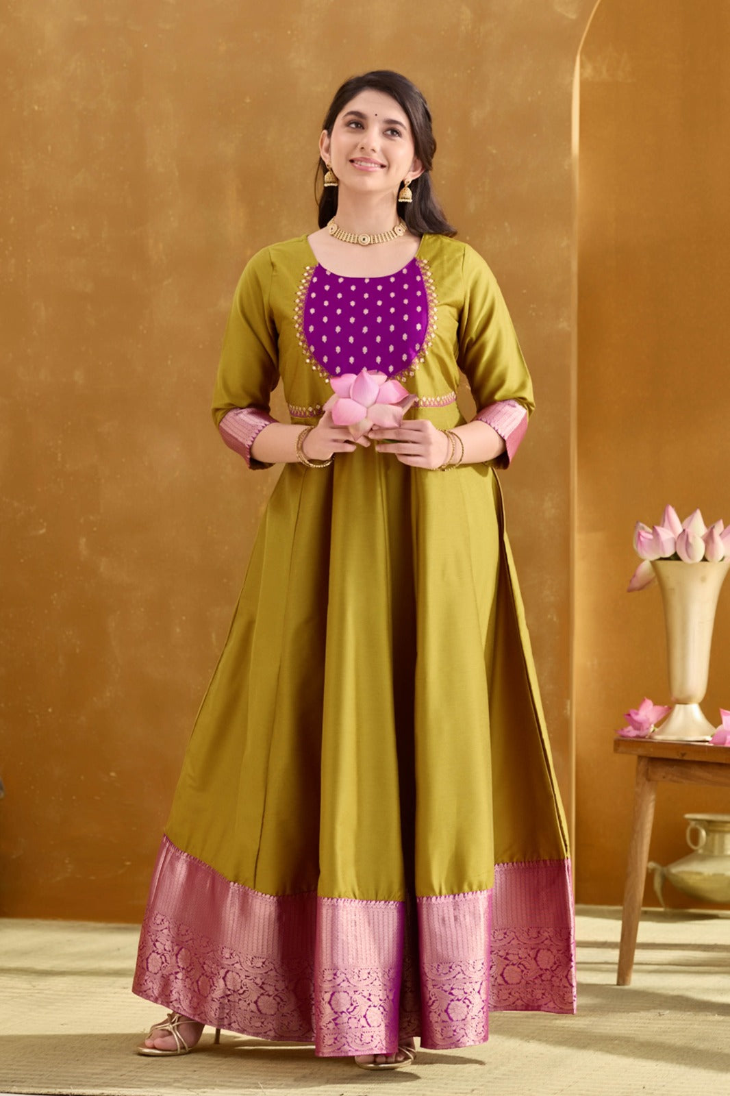 Mustard A-Line Anarkali with Dobby Yoke & Zari Border  Maybell Womens  Fashion