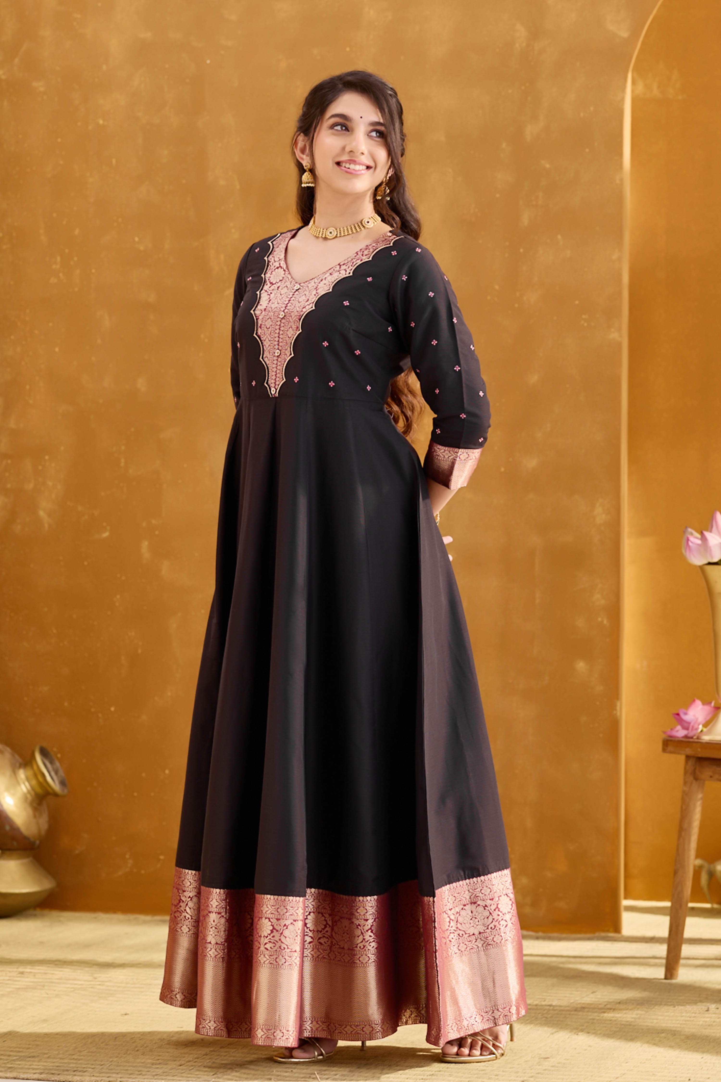chinese dress ladies Black Anarkali with Golden Brocade Yoke & Border – Maybell Womens Fashion