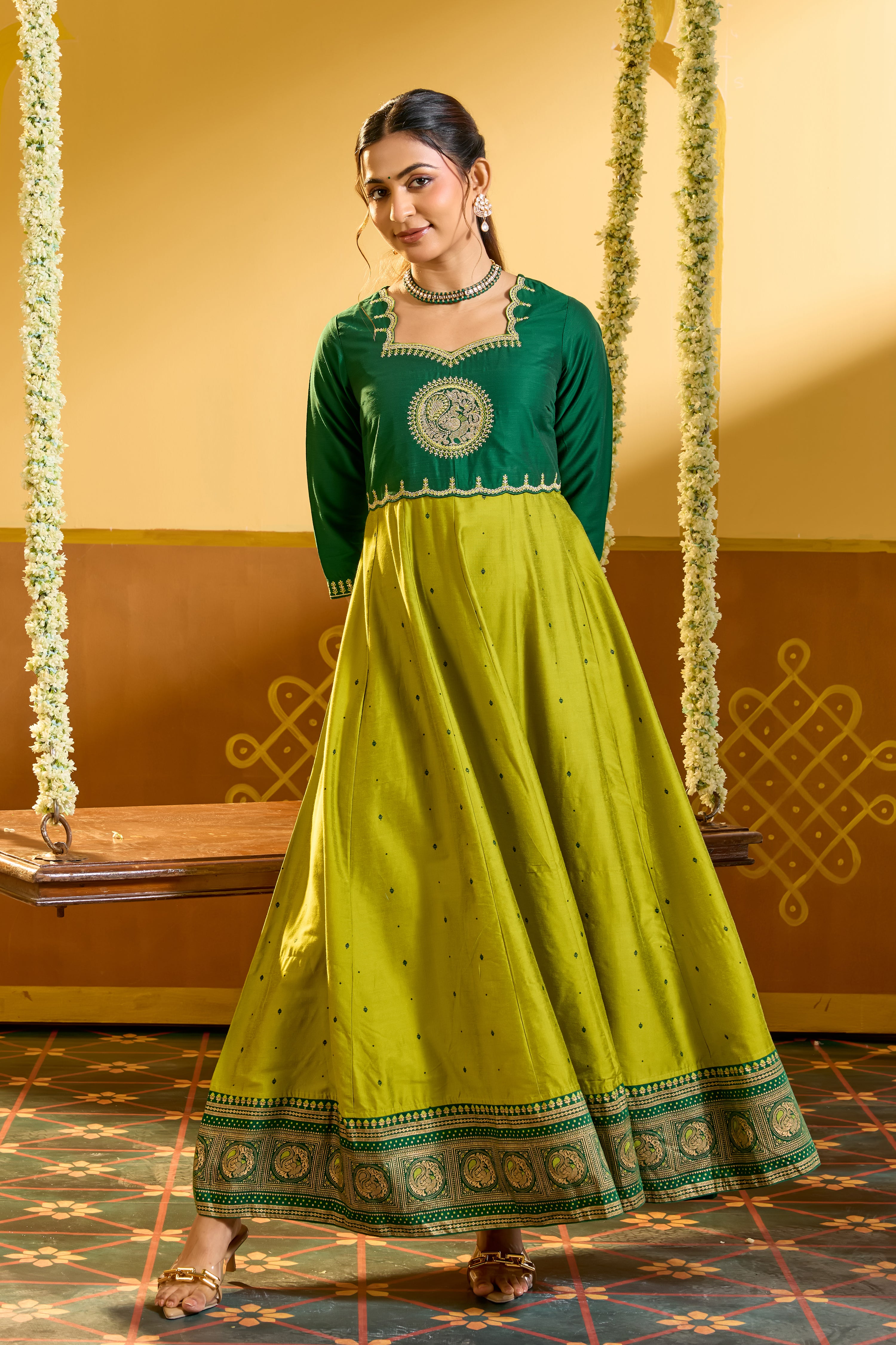 Peacock Embroidered & Printed Lime Green Anarkali
