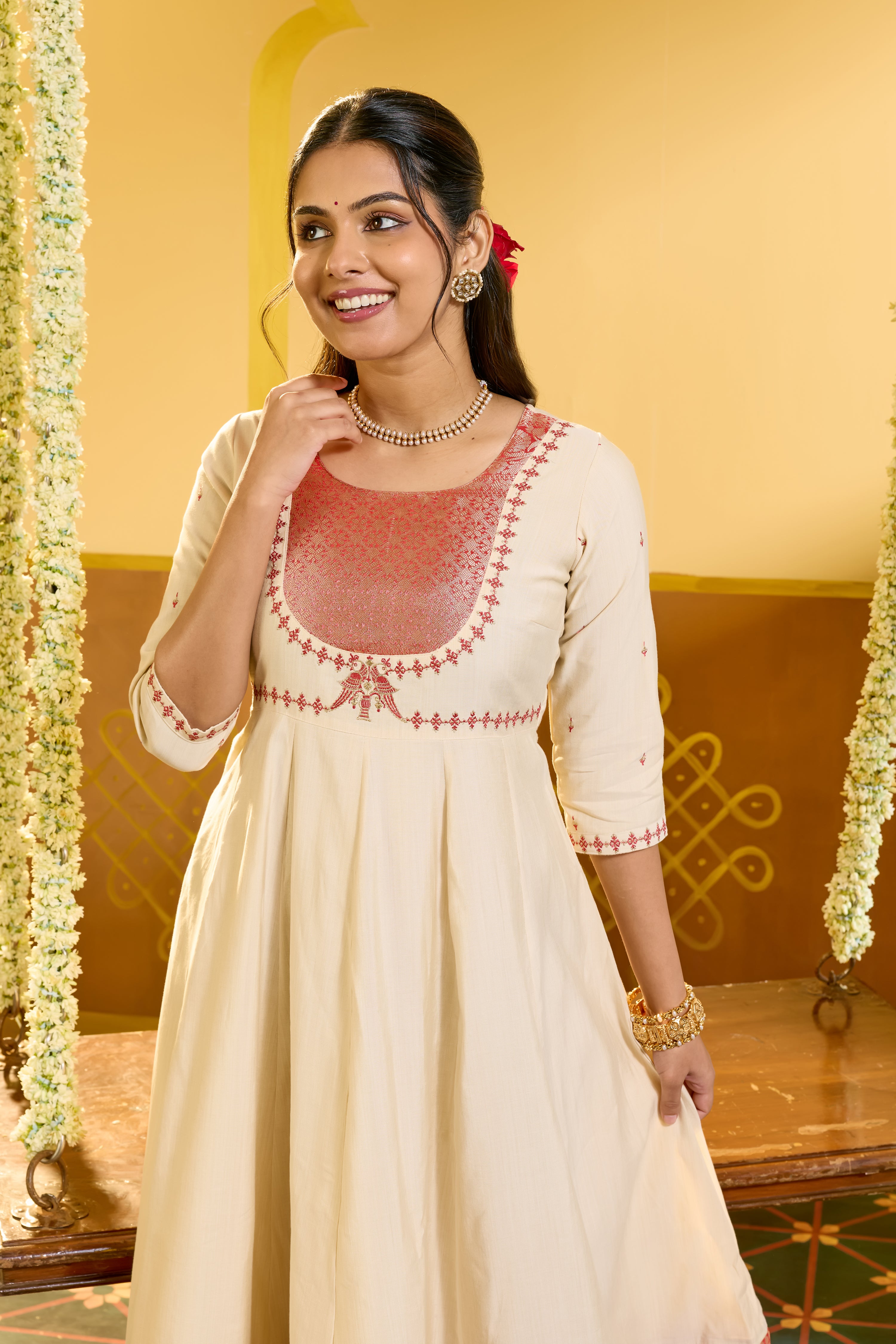Ethnic Bird Embroidered Off White Anarkali