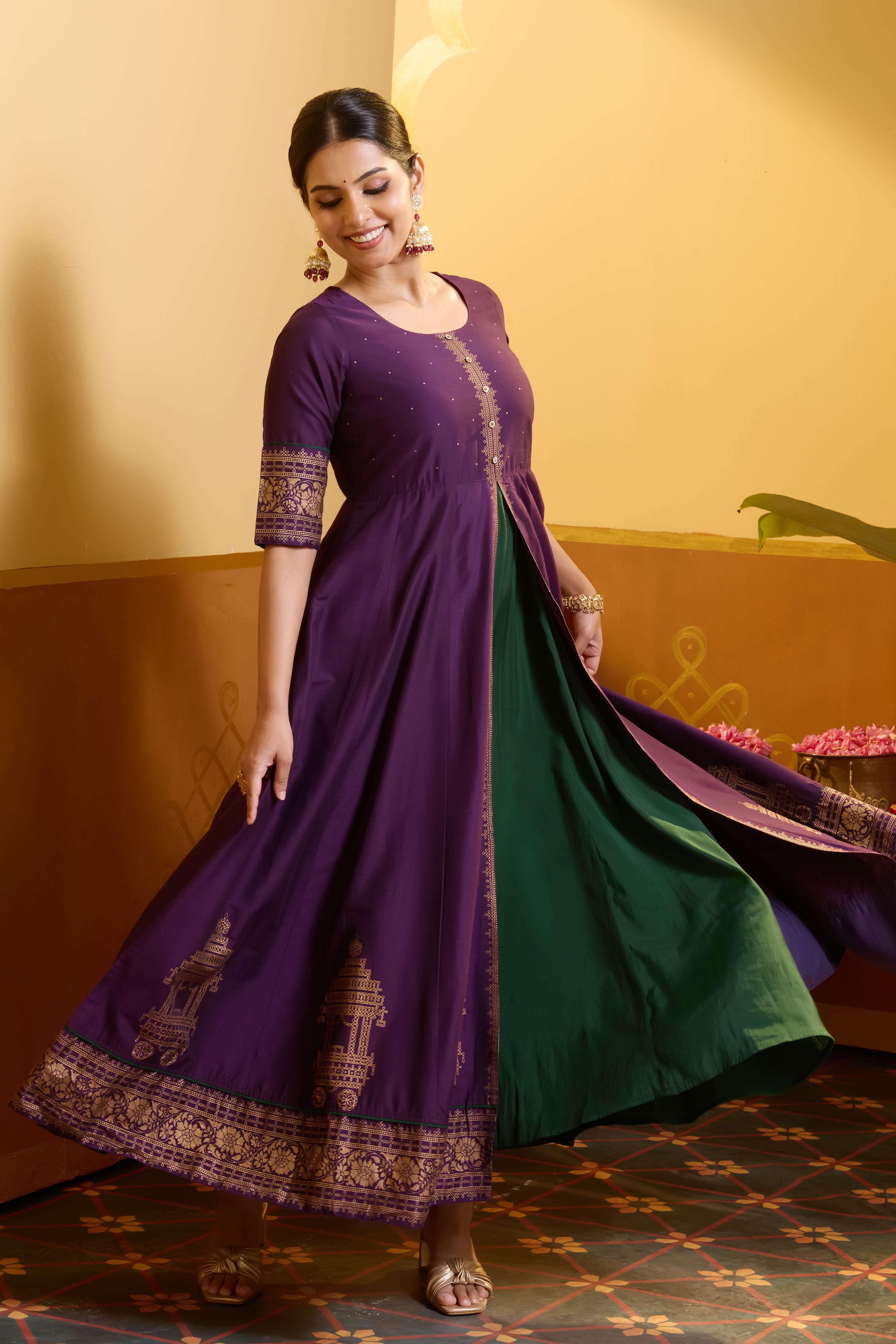 Kolam Printed Purple & Green Anarkali with Front Slit