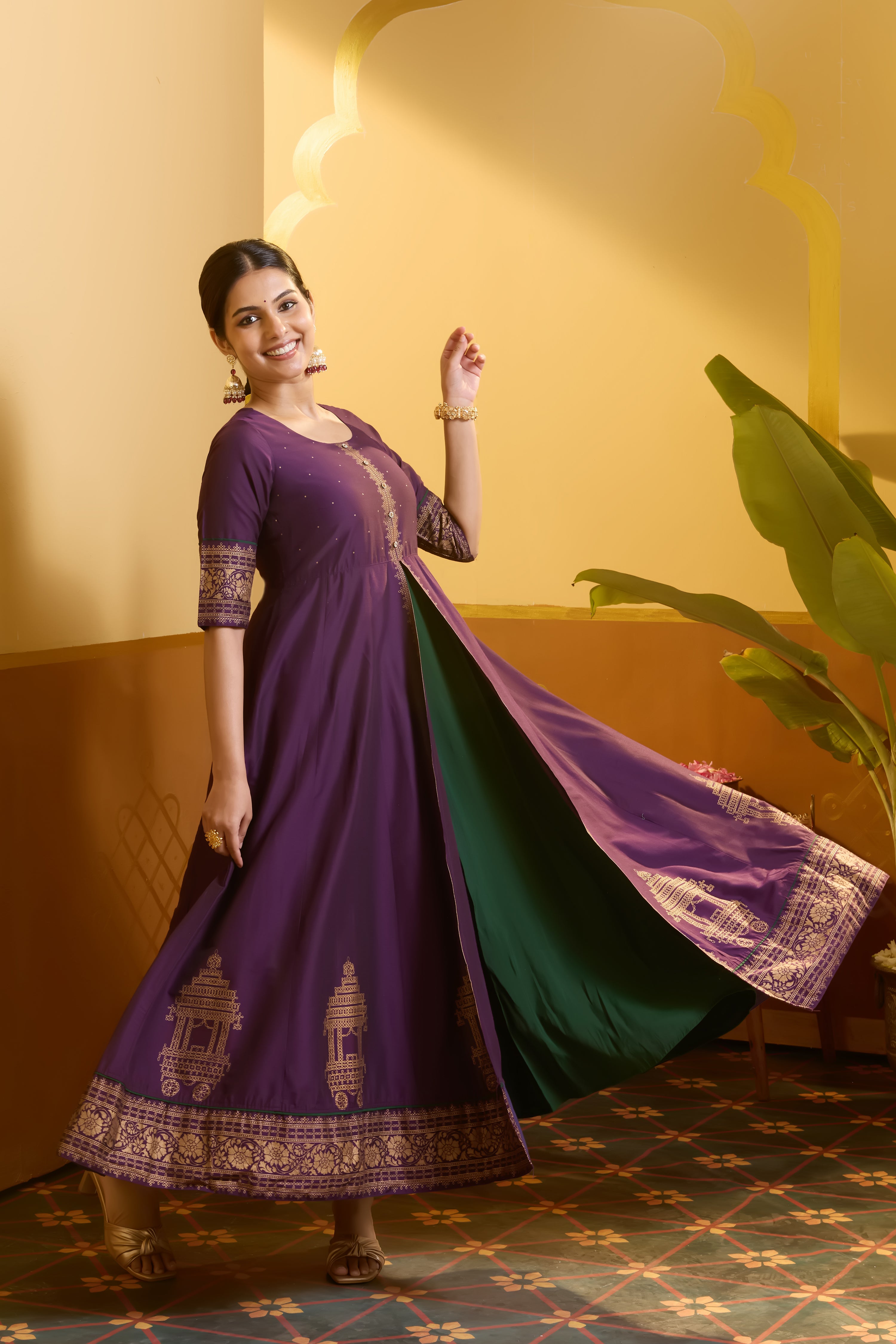 Kolam Printed Purple & Green Anarkali with Front Slit